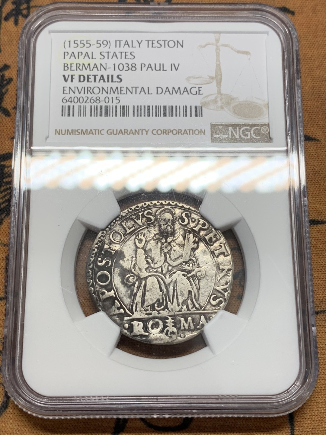 《竞宝斋》第109场-周日，周一 ，周四3场连拍（全场包邮） NGC-VF意大利罗马1555-1559年罗马教皇国保罗四世Testone银币，将近500年历史 保存不易