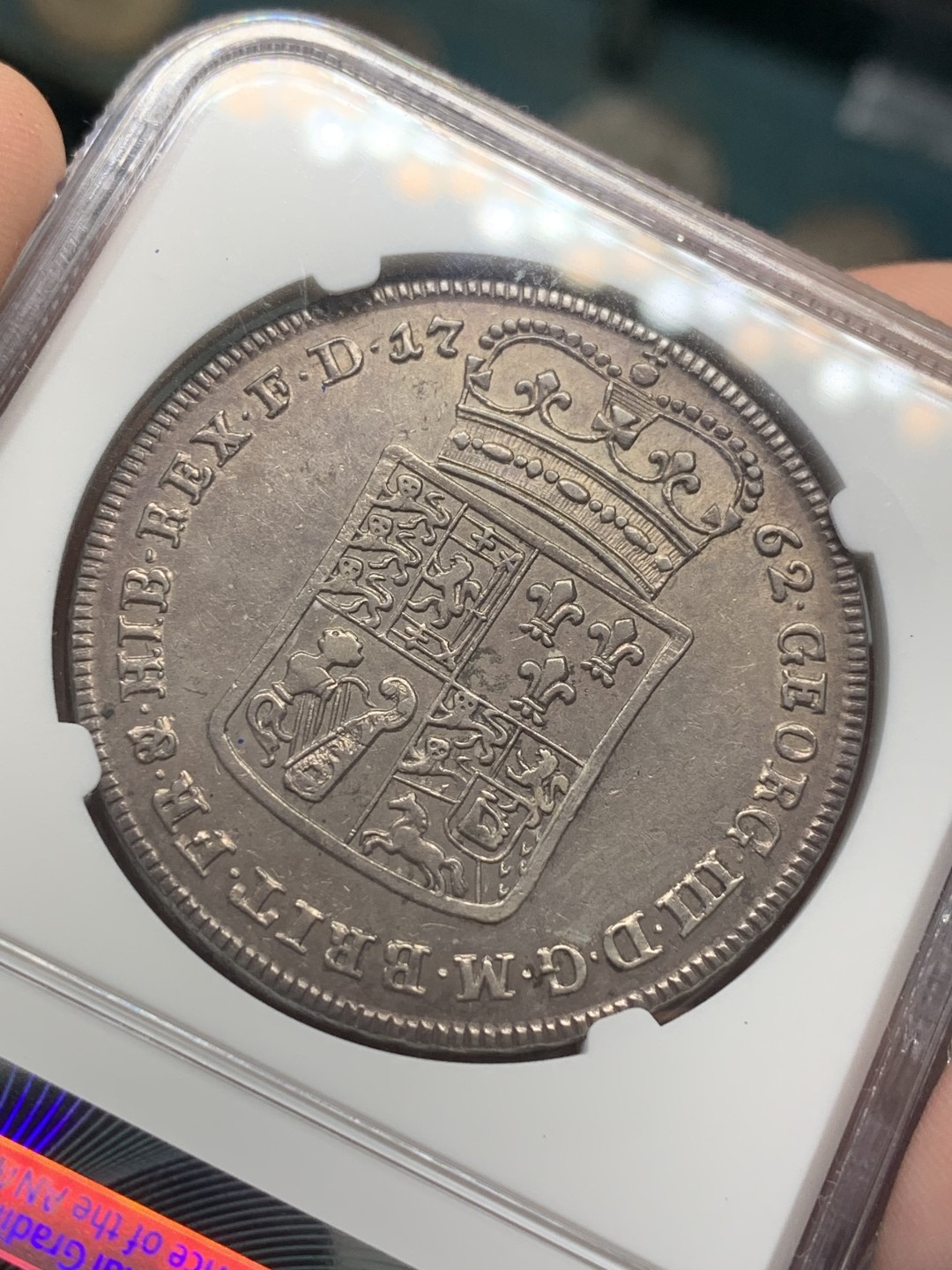 《竞宝斋》第109场-周日，周一 ，周四3场连拍（全场包邮） NGC-AU50 1762年布伦瑞克-吕内堡-卡伦贝格-汉诺威泰勒 背背十字架的圣安德鲁，紫罗兰包浆 老盒保存很好 难得