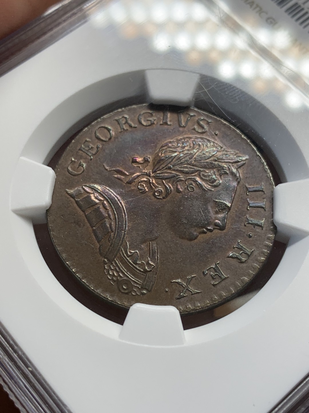 《竞宝斋》第109场-周日，周一 ，周四3场连拍（全场包邮） NGC AU55BN，英国1770年1/2便士铜币，巧克力色幻彩完美包浆