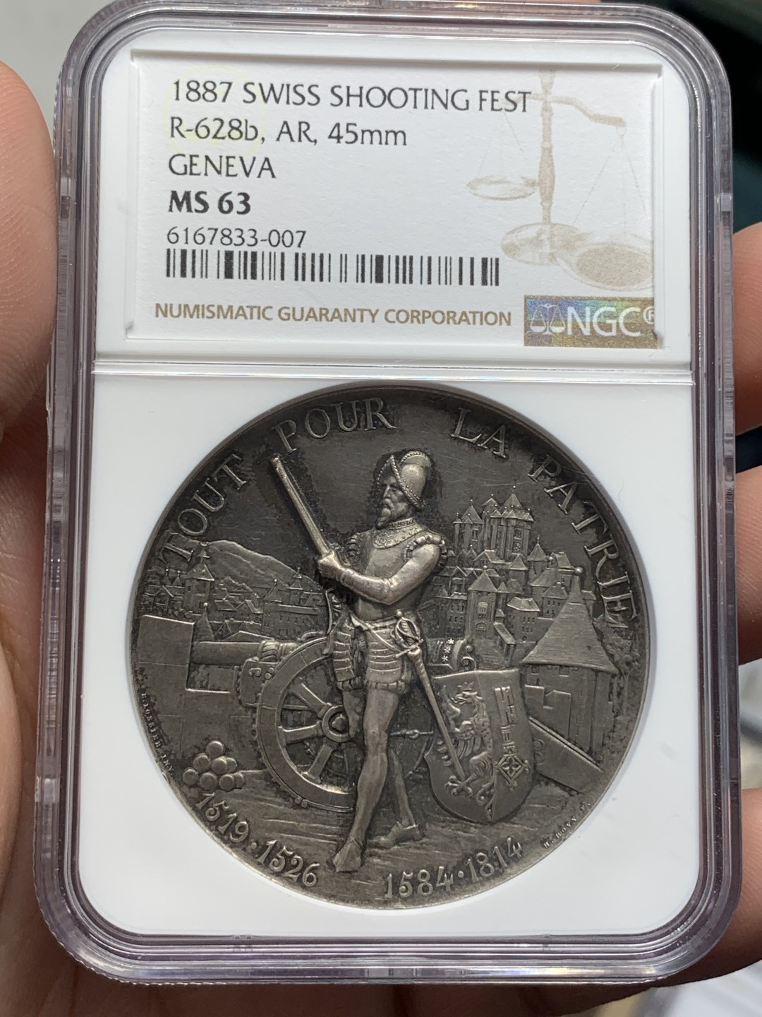 《竞宝斋》第109场-周日，周一 ，周四3场连拍（全场包邮） NGC-MS63 瑞士1887年日内瓦射击章 加厚深浮雕 PL底板 超美细节