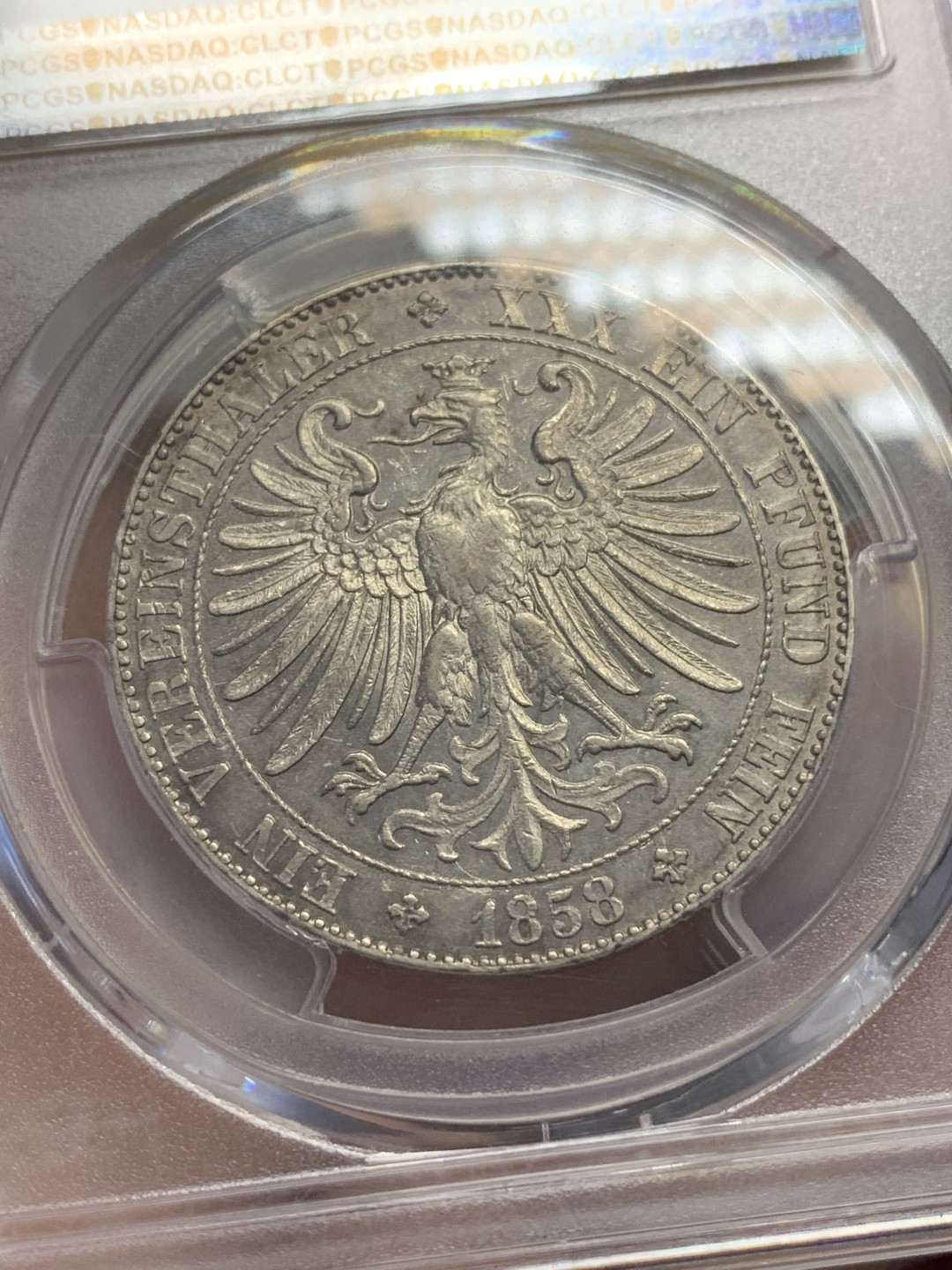 《竞宝斋》第109场-周日，周一 ，周四3场连拍（全场包邮） PCGS AU55 德国1858年法兰克福少女泰勒稀少塔楼版