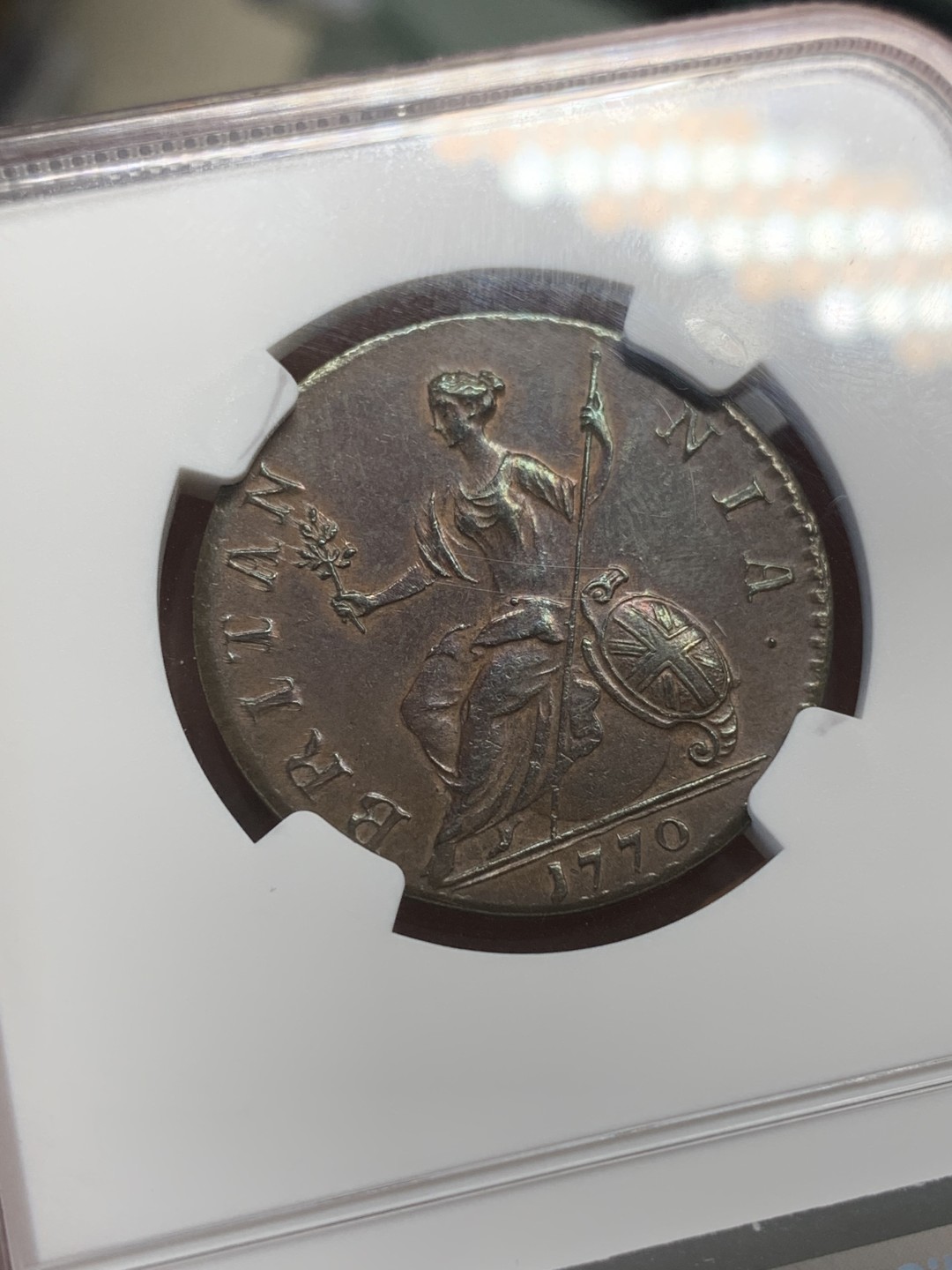 《竞宝斋》第109场-周日，周一 ，周四3场连拍（全场包邮） NGC AU55BN，英国1770年1/2便士铜币，巧克力色幻彩完美包浆