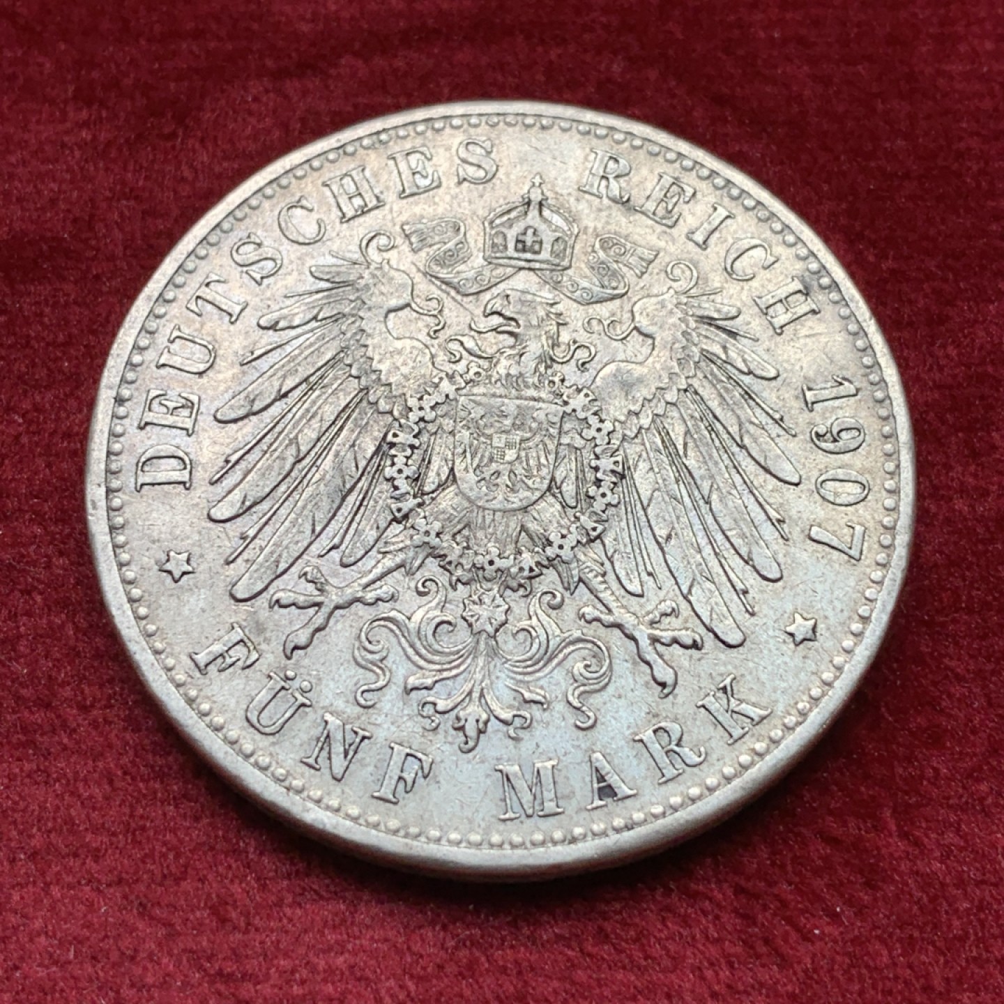 《竞宝斋》第109场-周日，周一 ，周四3场连拍（全场包邮） 德国 1907年 巴伐利亚 奥托 5马克 银币  细节不错