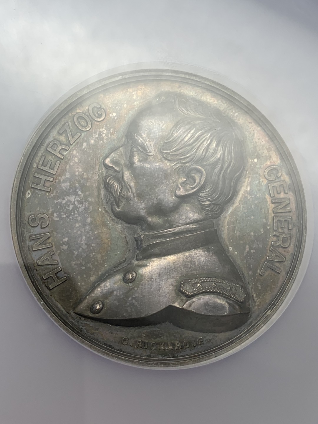 《竞宝斋》第109场-周日，周一 ，周四3场连拍（全场包邮） NGC-MS62 瑞士1871年汉斯射击纪念章 铜镀银 女神造型气势非凡值得收藏 大盒封装