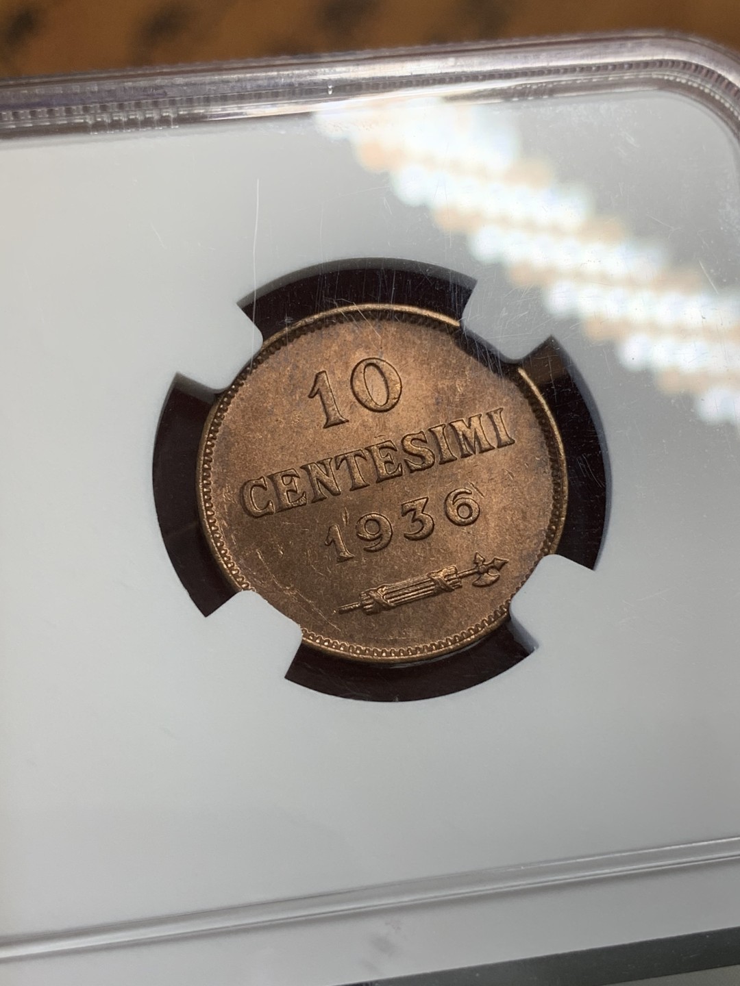 《竞宝斋》第109场-周日，周一 ，周四3场连拍（全场包邮） NGC MS64RB 1936 圣马力诺铜币 该版发行最少的年份