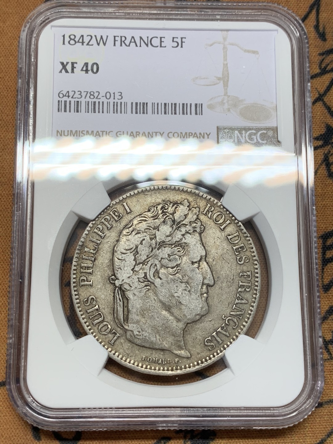 《竞宝斋》第109场-周日，周一 ，周四3场连拍（全场包邮） NGC-XF40 法国1842-W年 菲利普一世 5法郎大银币 原味老包浆