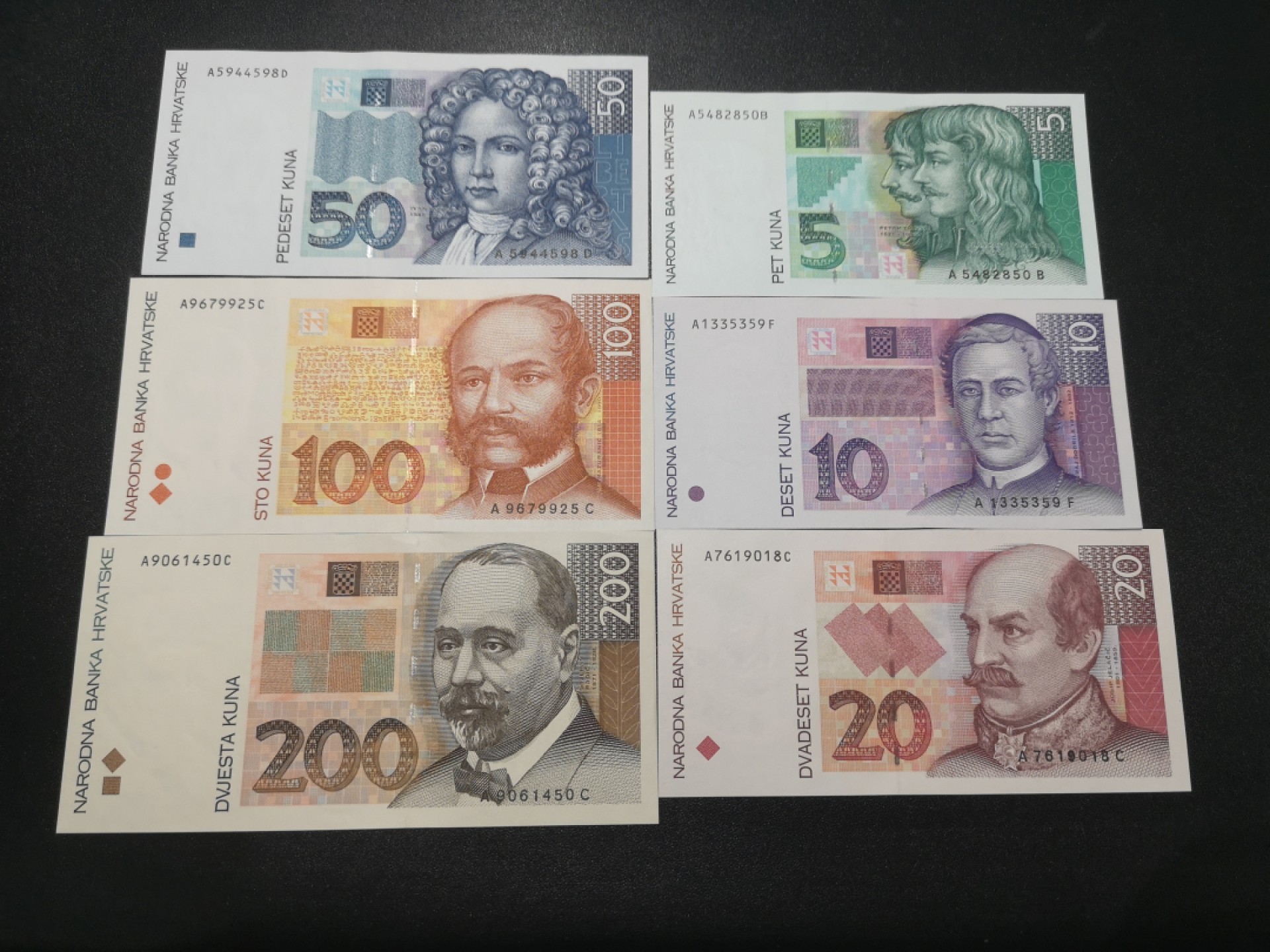 《外钞收藏家》第二百一十一期（欧洲四国精品专场） 克罗地亚1993年5-200库纳 1993年大套6枚库纳 全新UNC