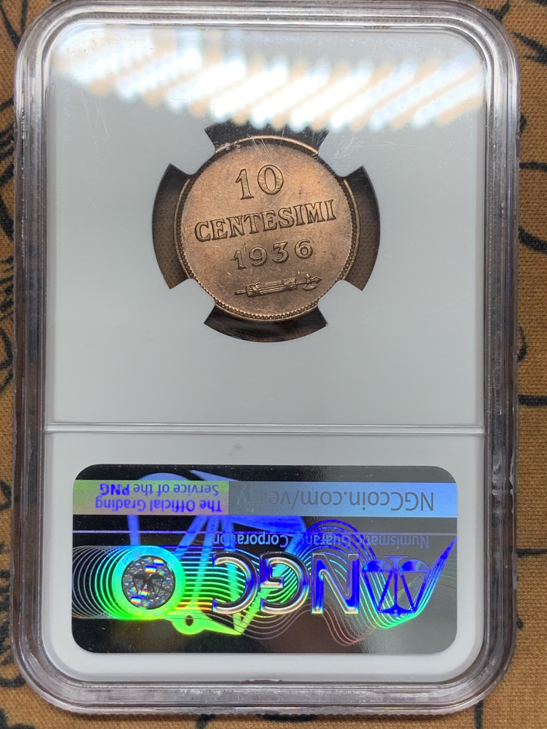 《竞宝斋》第109场-周日，周一 ，周四3场连拍（全场包邮） NGC MS64RB 1936 圣马力诺铜币 该版发行最少的年份