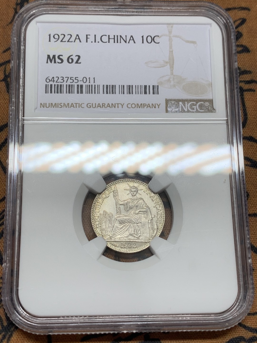 《竞宝斋》第109场-周日，周一 ，周四3场连拍（全场包邮） NGC MS62  法属印度支那1922年10分银币  相对少见年份