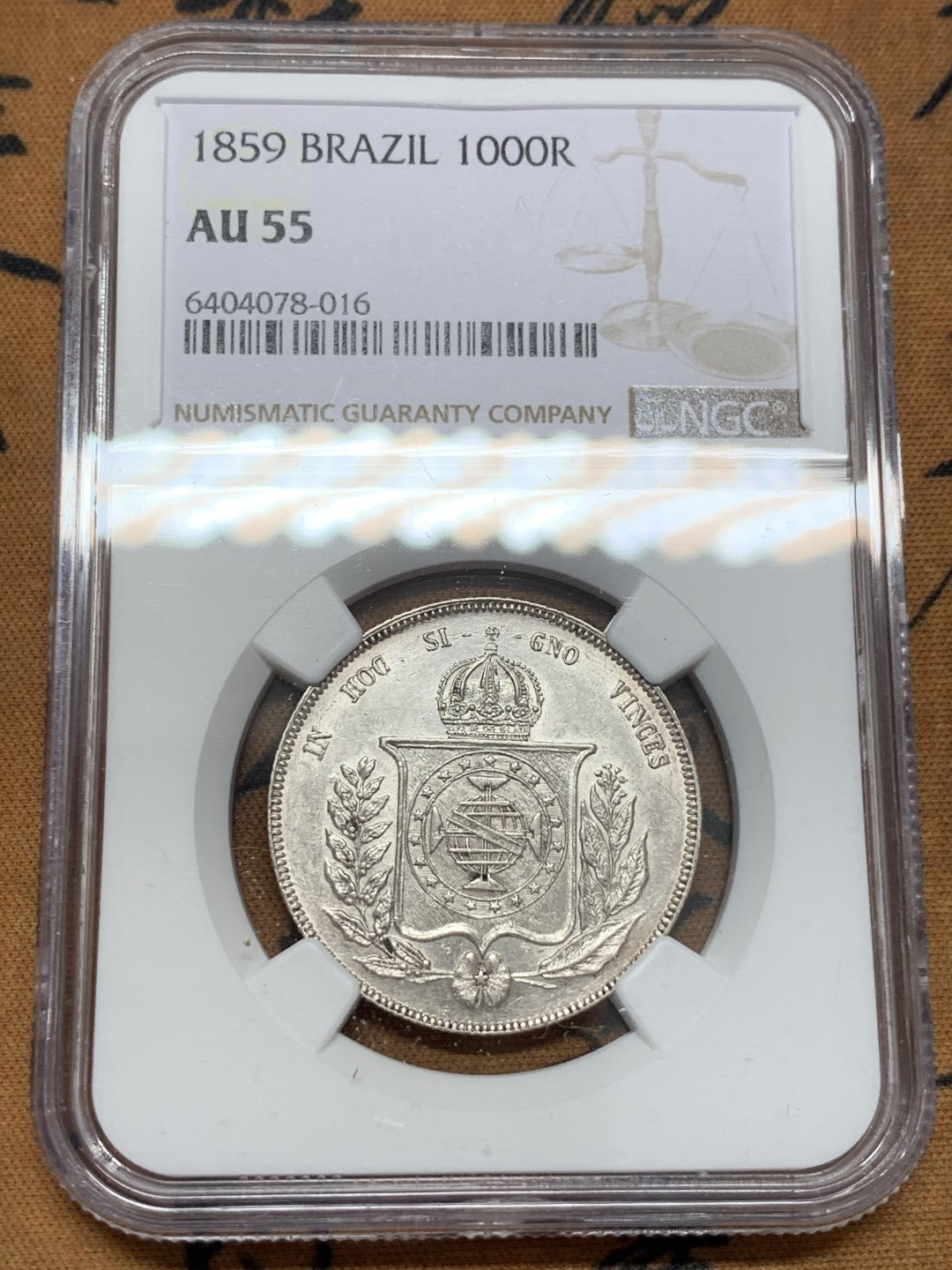 《竞宝斋》第109场-周日，周一 ，周四3场连拍（全场包邮） NGC-AU55 巴西帝国 1859年 1000瑞斯银币