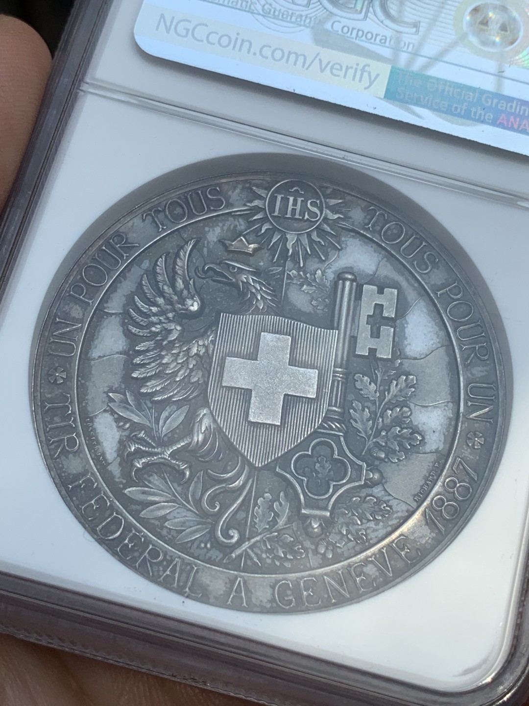 《竞宝斋》第109场-周日，周一 ，周四3场连拍（全场包邮） NGC-MS63 瑞士1887年日内瓦射击章 加厚深浮雕 PL底板 超美细节