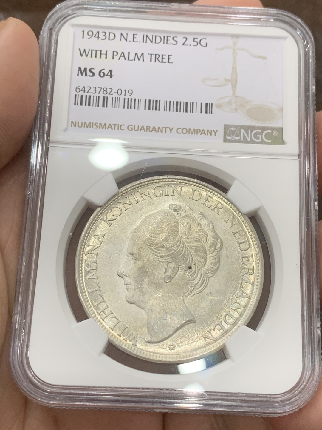 《竞宝斋》第109场-周日，周一 ，周四3场连拍（全场包邮） NGC-MS64 荷属东印度 1943年 威廉米娜女王 2.5盾大银币 原光好品 殖民地里的稀少品种