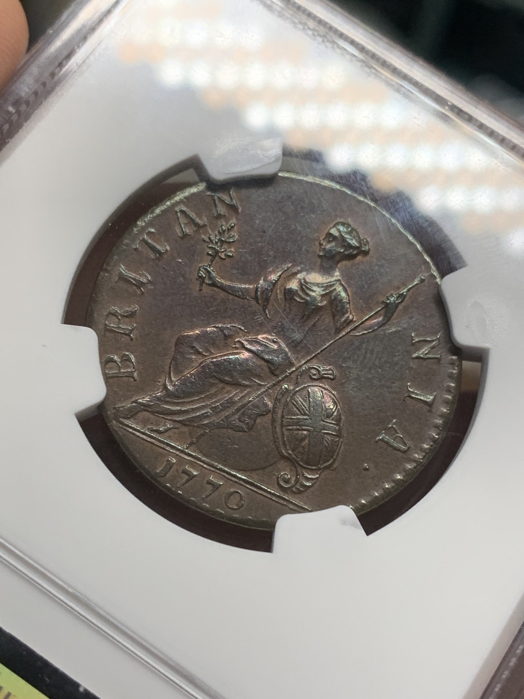 《竞宝斋》第109场-周日，周一 ，周四3场连拍（全场包邮） NGC AU55BN，英国1770年1/2便士铜币，巧克力色幻彩完美包浆