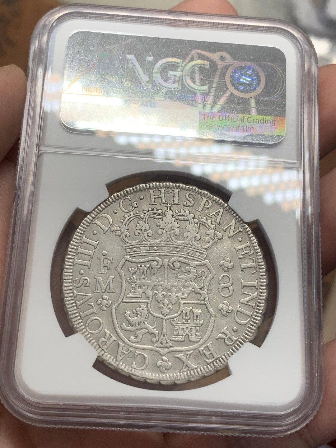 《竞宝斋》第109场-周日，周一 ，周四3场连拍（全场包邮） NGC XF品相 墨西哥1771年地球双柱8里亚尔大银币，细节完好无磕碰划痕边齿很好的一枚 边特别好