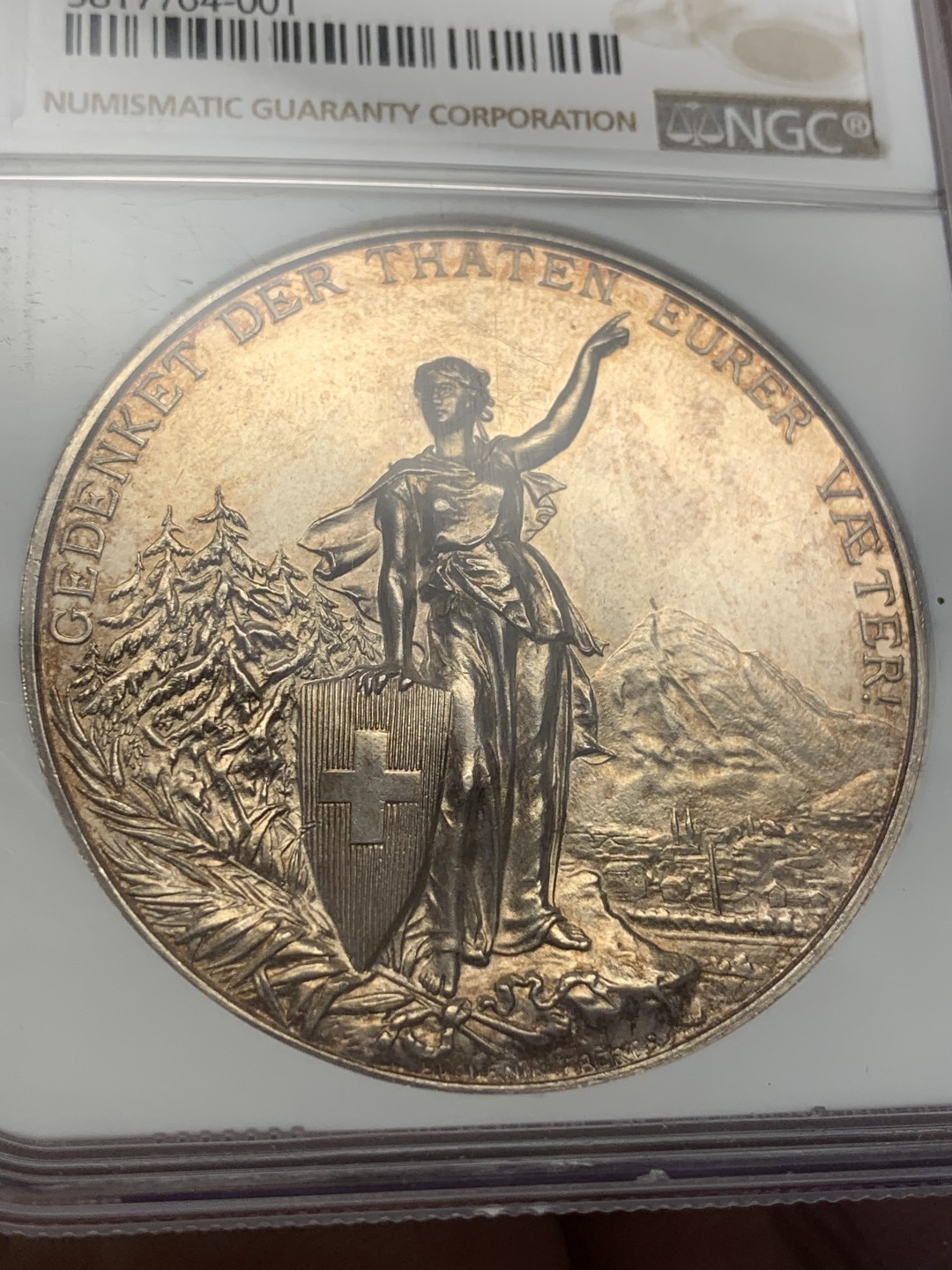 《竞宝斋》第109场-周日，周一 ，周四3场连拍（全场包邮） NGC MS61 瑞士 1892年 格拉鲁斯射击节大银章 镜面底板 金色包浆 低评好品好状态