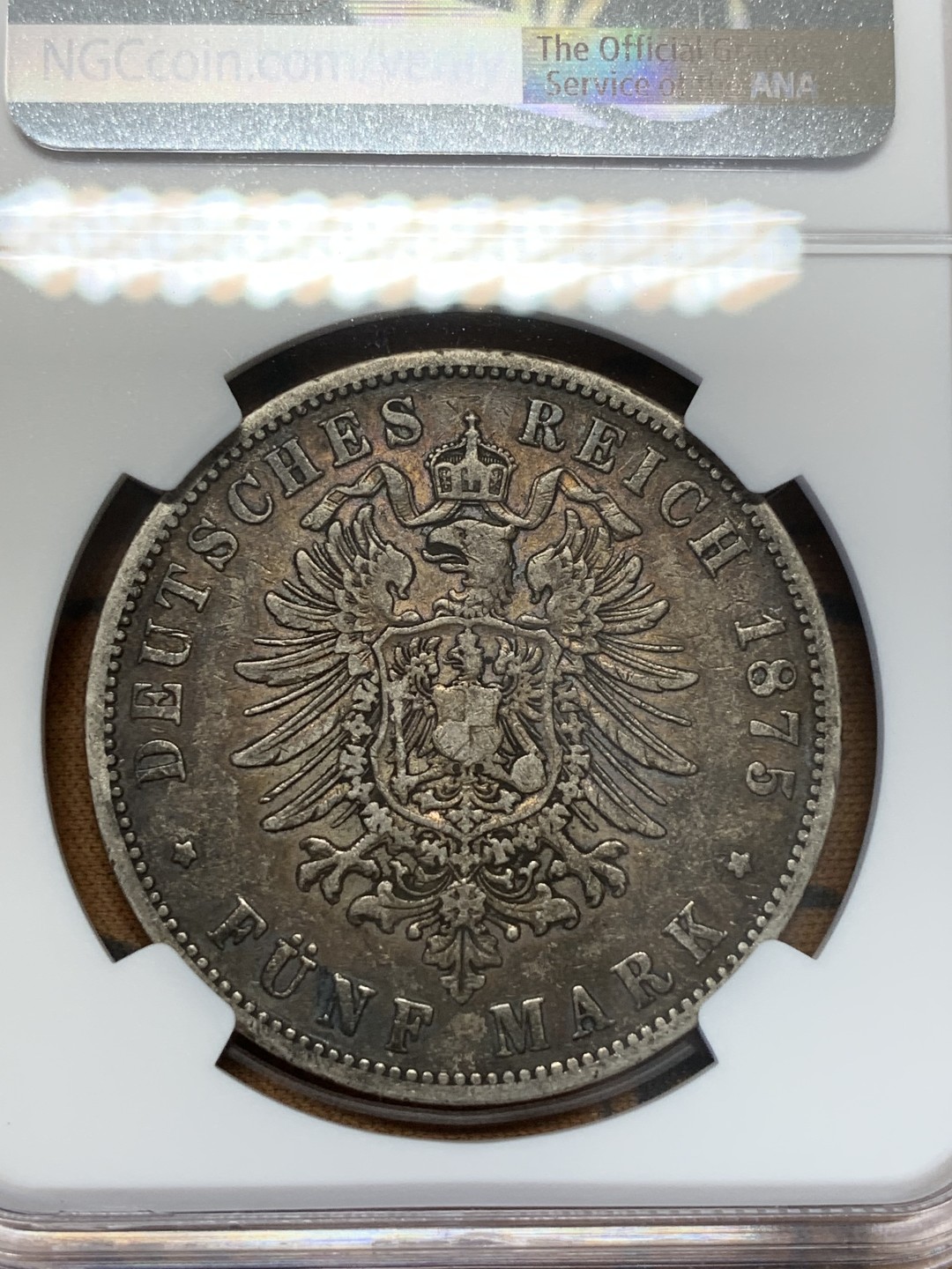 《竞宝斋》第109场-周日，周一 ，周四3场连拍（全场包邮） NGC-XF45 德国普鲁士 1875年威廉一世 5马克早期大银币 早期好品稀少 更高分也就6枚了