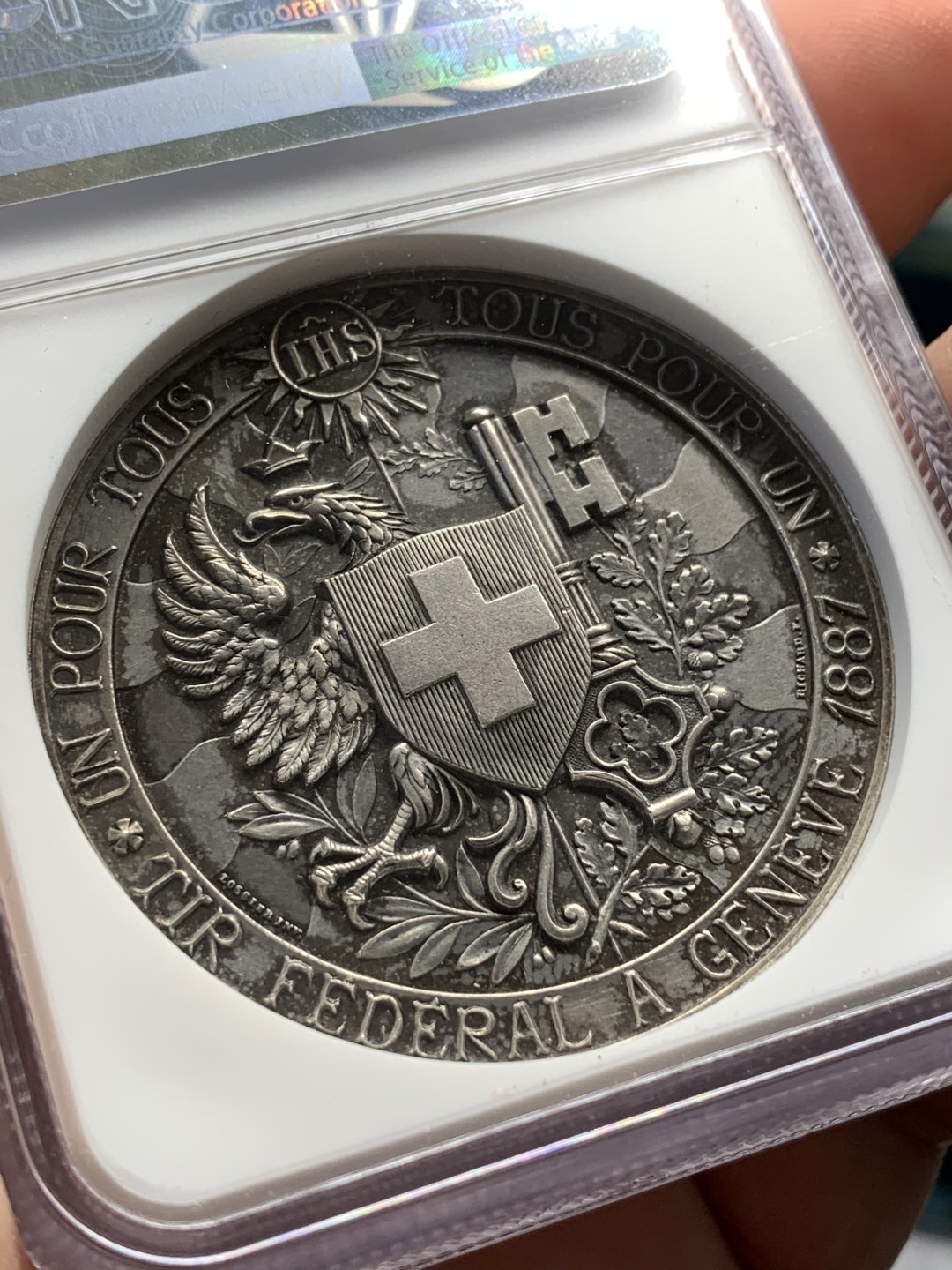 《竞宝斋》第109场-周日，周一 ，周四3场连拍（全场包邮） NGC-MS63 瑞士1887年日内瓦射击章 加厚深浮雕 PL底板 超美细节