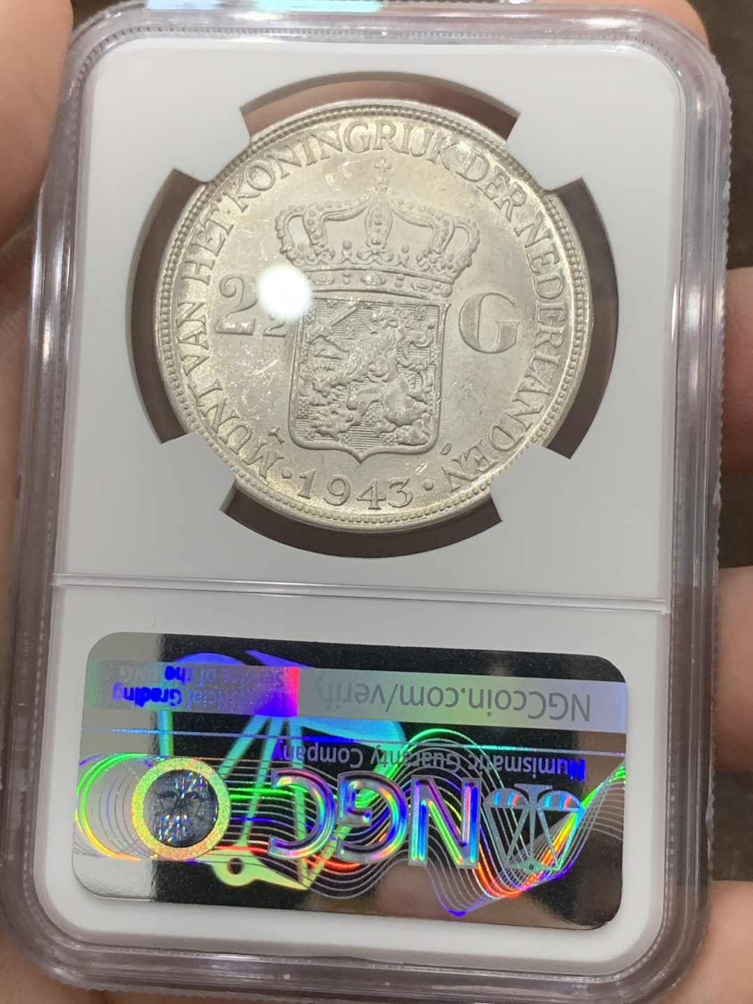 《竞宝斋》第109场-周日，周一 ，周四3场连拍（全场包邮） NGC-MS64 荷属东印度 1943年 威廉米娜女王 2.5盾大银币 原光好品 殖民地里的稀少品种