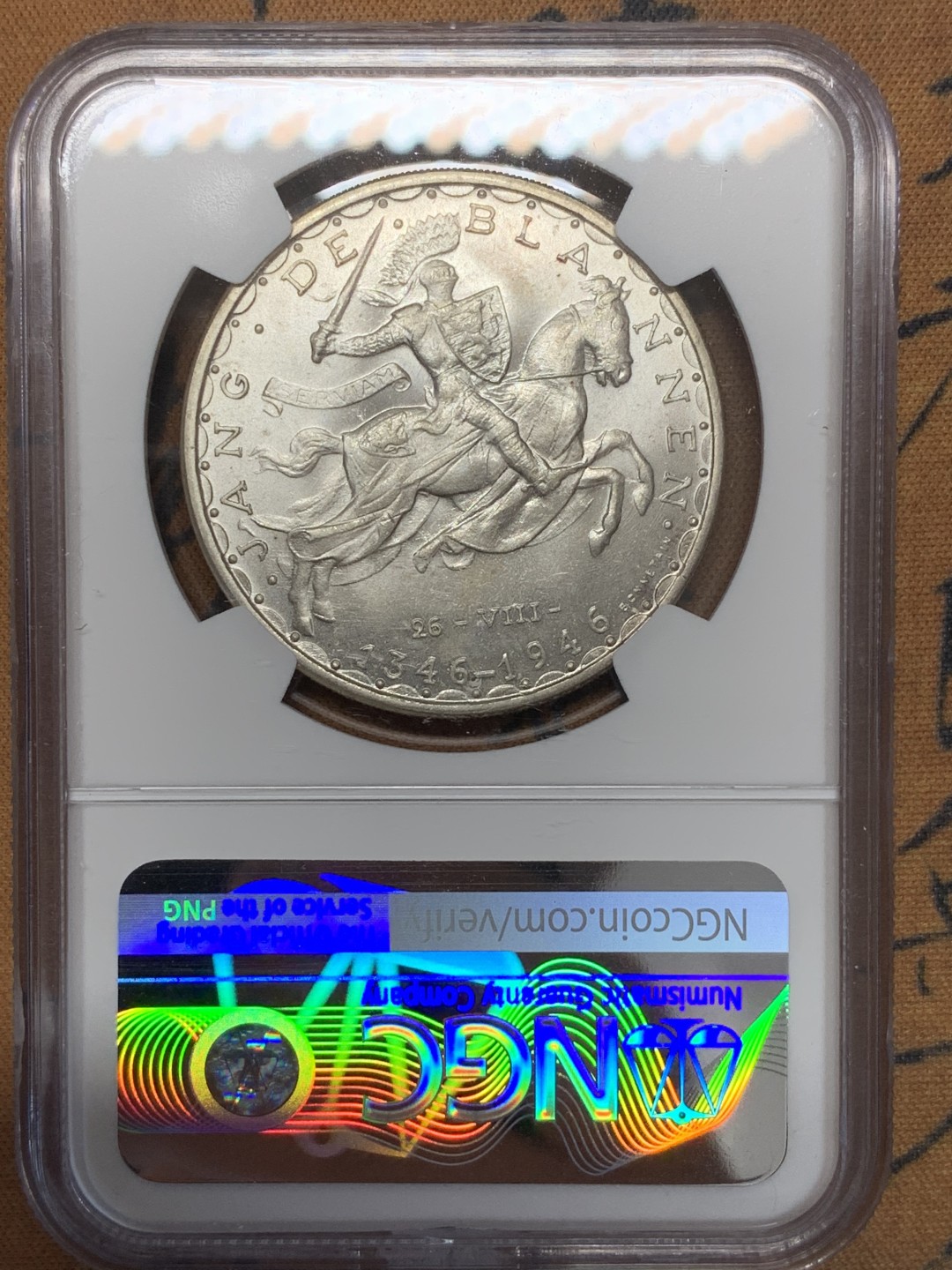 《竞宝斋》第109场-周日，周一 ，周四3场连拍（全场包邮） NGC-MS64 卢森堡 1946年 盲人约翰阵亡600周年纪念100法郎 银币