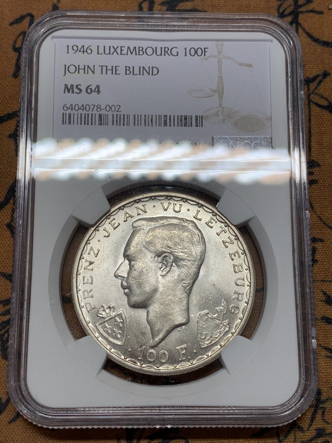 《竞宝斋》第109场-周日，周一 ，周四3场连拍（全场包邮） NGC-MS64 卢森堡 1946年 盲人约翰阵亡600周年纪念100法郎 银币