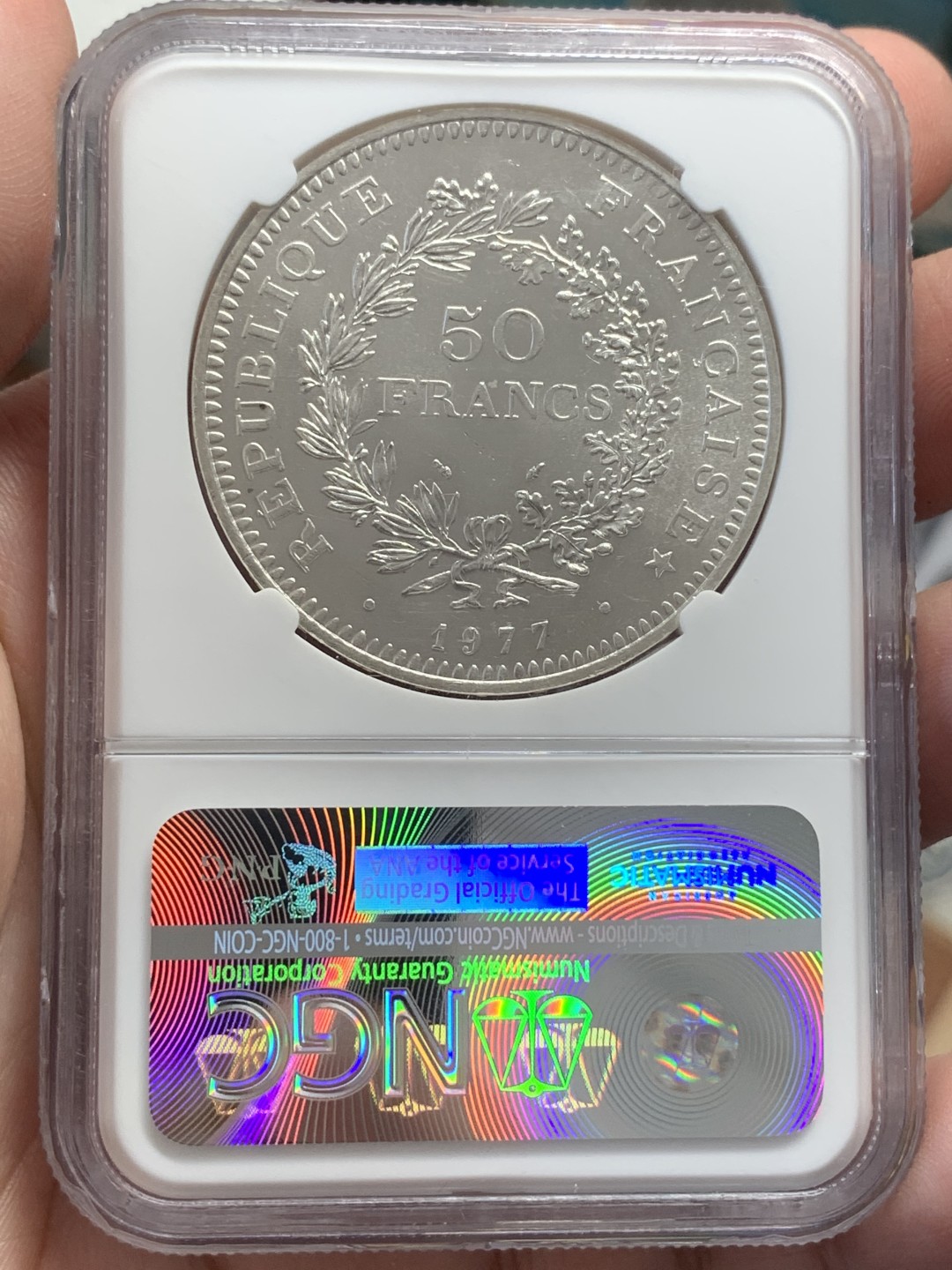 《竞宝斋》第109场-周日，周一 ，周四3场连拍（全场包邮） NGC MS64 法国 1977年 50法郎 大银币