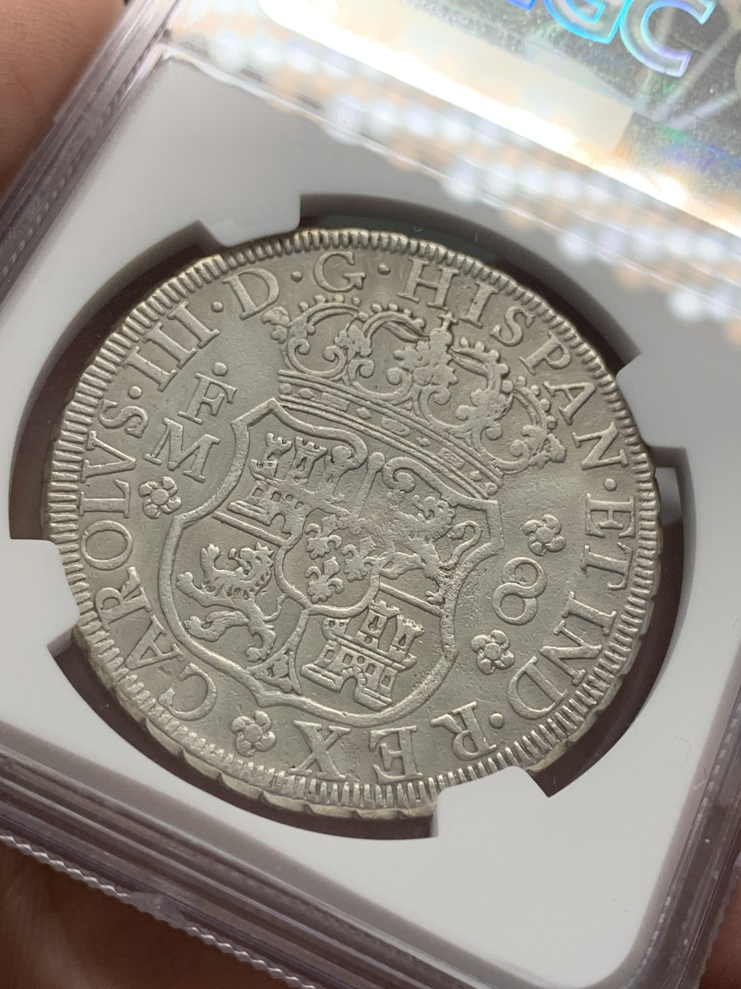 《竞宝斋》第109场-周日，周一 ，周四3场连拍（全场包邮） NGC XF品相 墨西哥1771年地球双柱8里亚尔大银币，细节完好无磕碰划痕边齿很好的一枚 边特别好