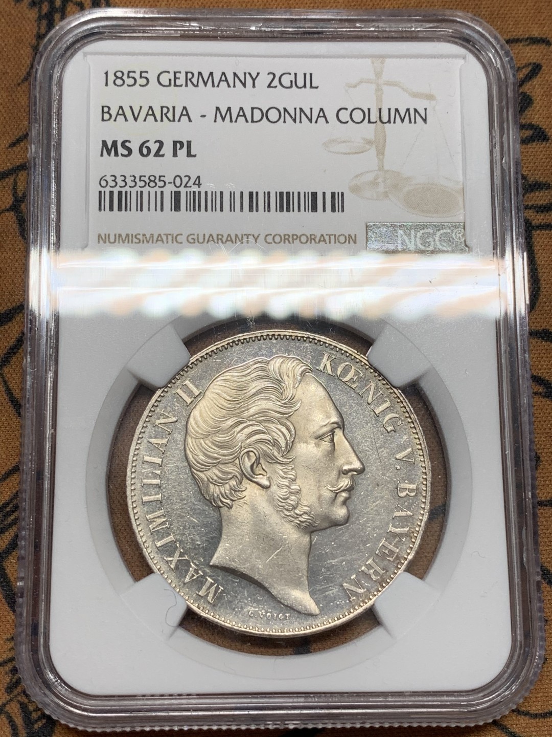 《竞宝斋》第109场-周日，周一 ，周四3场连拍（全场包邮） NGC MS62PL，德国巴伐利亚圣母抱婴1855年2盾，普品不少PL非常难得，上手绝美，更高分只有4枚，上海出评大家都知道