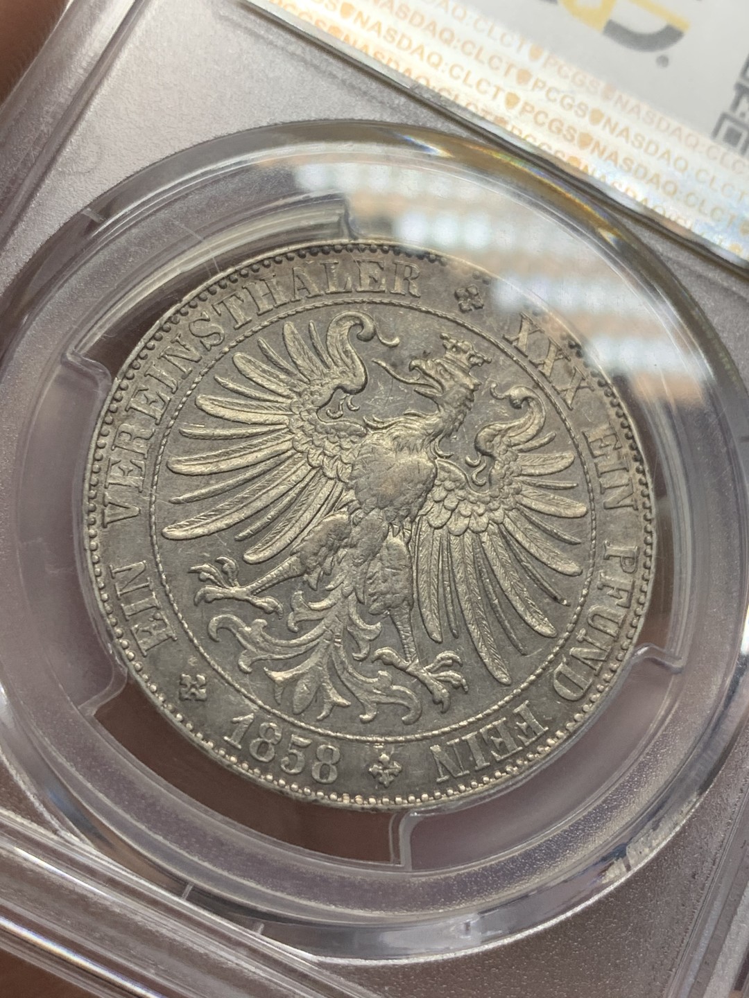 《竞宝斋》第109场-周日，周一 ，周四3场连拍（全场包邮） PCGS AU55 德国1858年法兰克福少女泰勒稀少塔楼版