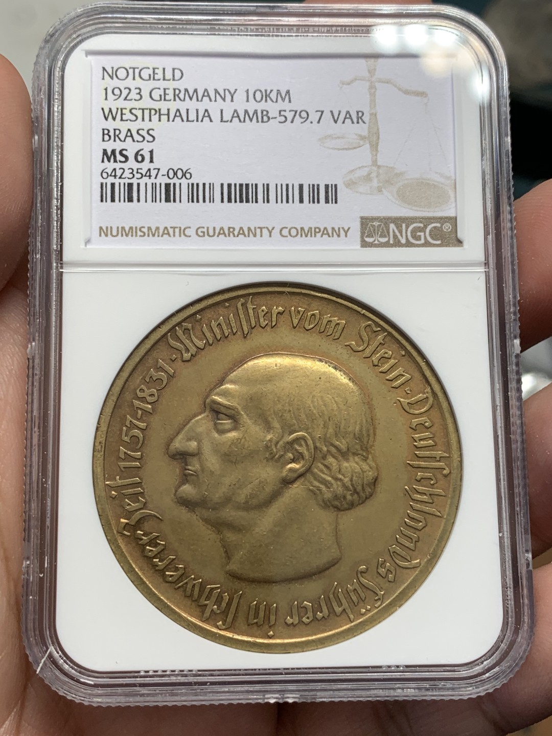 《竞宝斋》第109场-周日，周一 ，周四3场连拍（全场包邮） NGC MS61 1923年德紧马币10000马克铜币