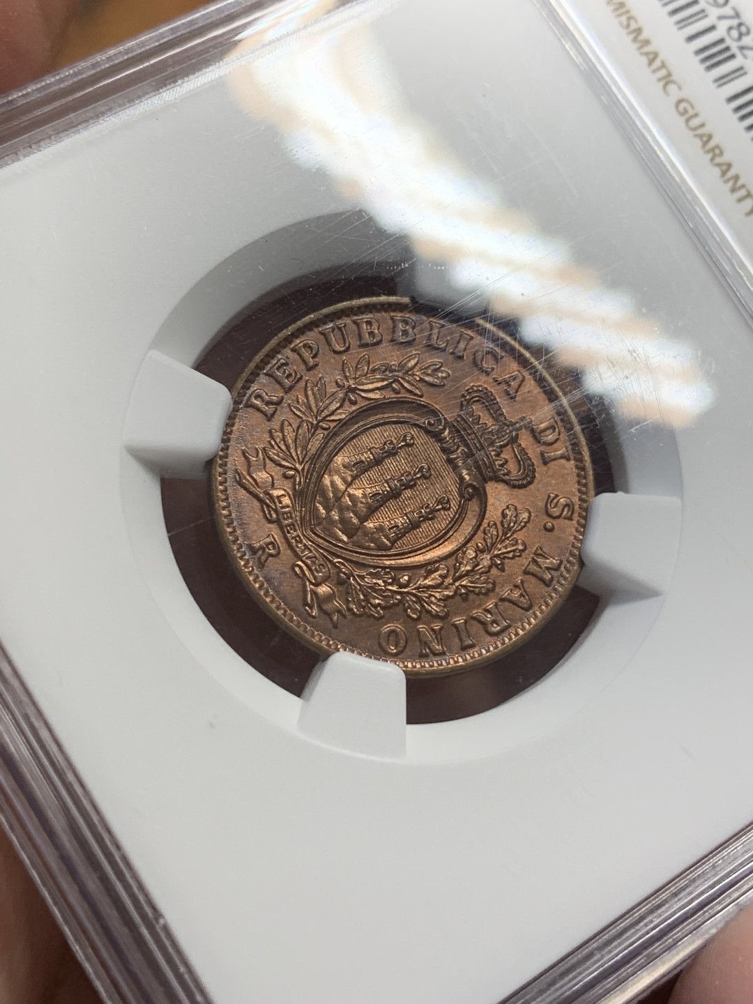 《竞宝斋》第109场-周日，周一 ，周四3场连拍（全场包邮） NGC MS64RB 1936 圣马力诺铜币 该版发行最少的年份