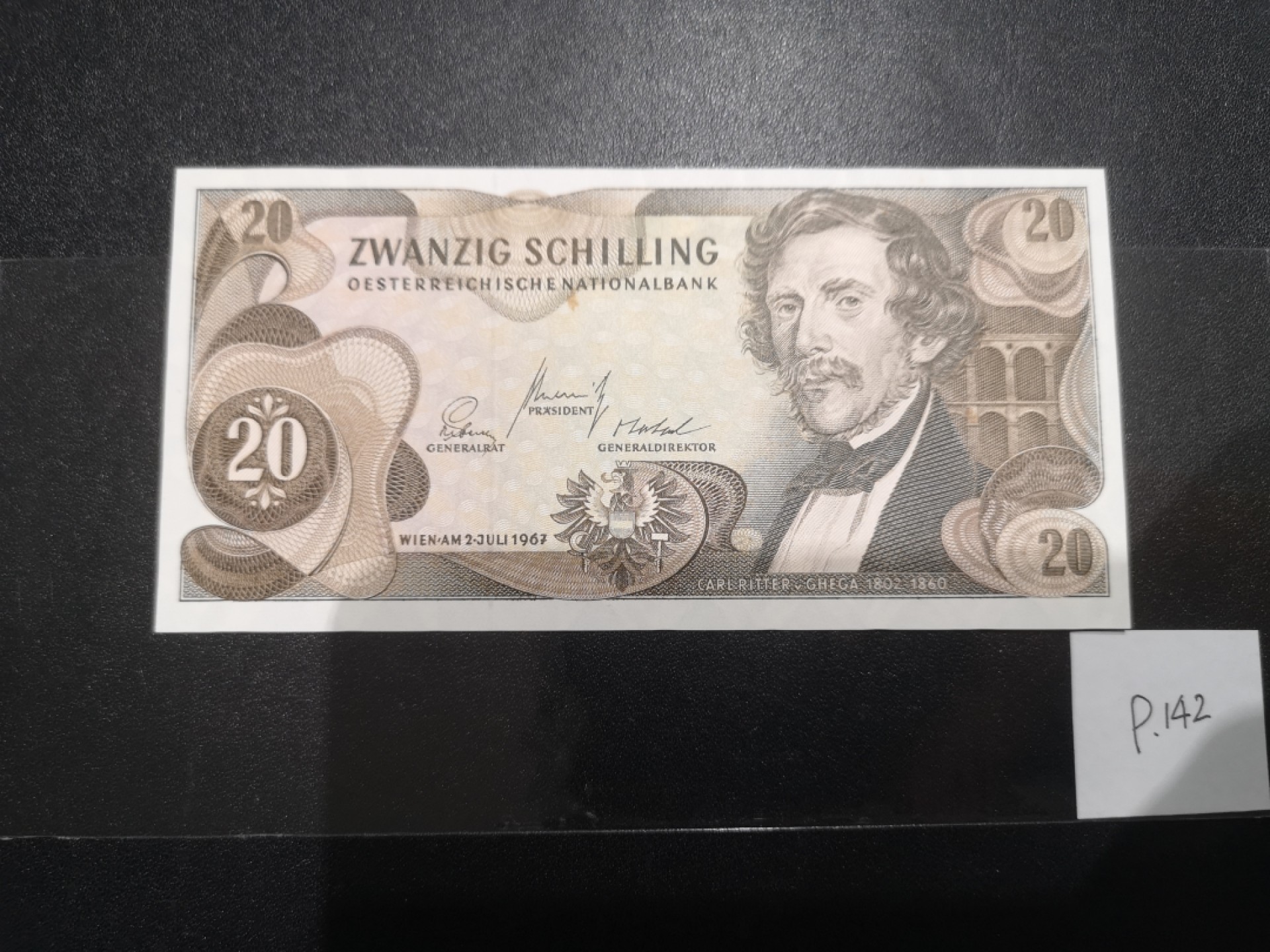 《外钞收藏家》第二百一十一期（欧洲四国精品专场） 奥地利1967年20 先令 塞默林铁路的设计者盖加、奥地利1970年50先令 剧作家赖蒙德两张一起 全新UNC