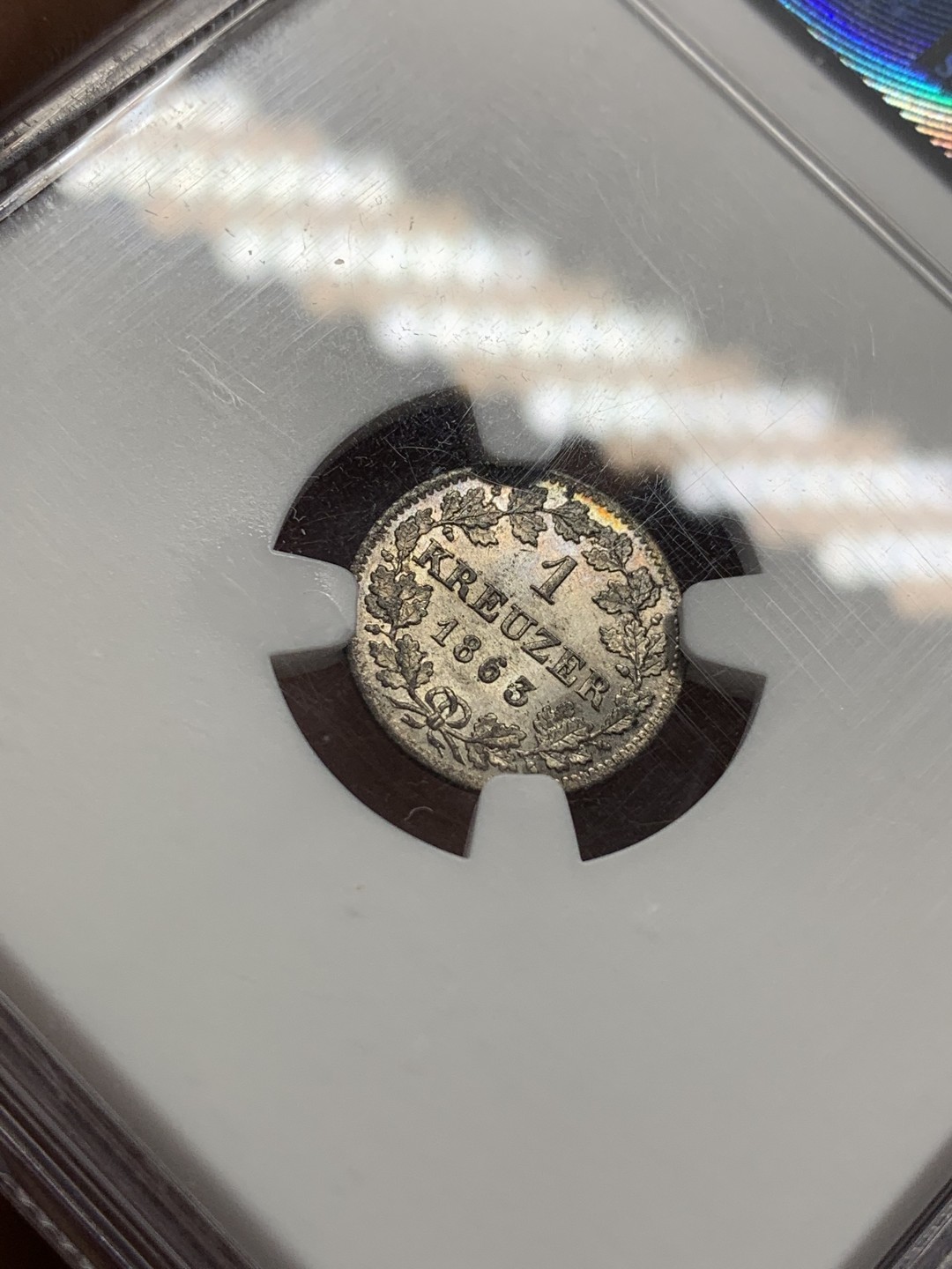 《竞宝斋》第109场-周日，周一 ，周四3场连拍（全场包邮） NGC-MS64 1863年 巴伐利亚1克洛泽银币 光感非常棒 很漂亮的一颗银辅币 高分不易