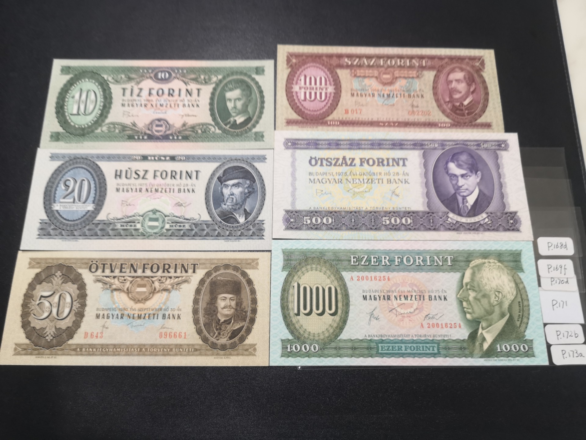 《外钞收藏家》第二百一十一期（欧洲四国精品专场） 匈牙利1969-83年10-1000福林 盾牌国徽，全套6枚 全新UNC
