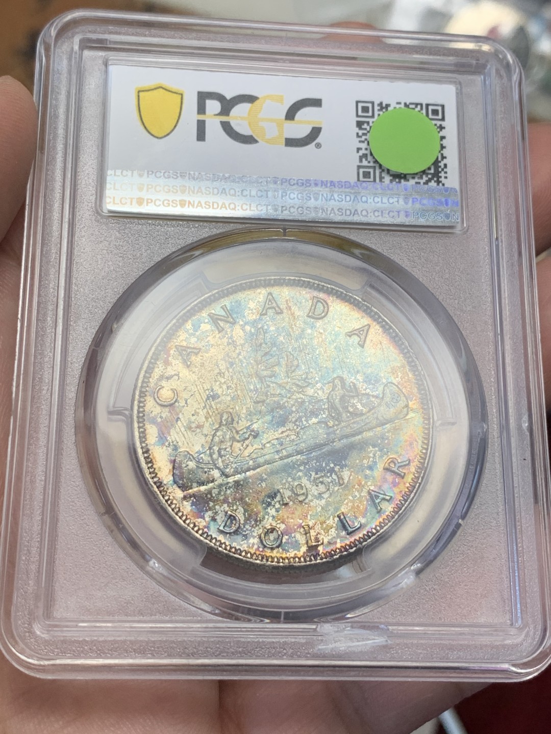 《竞宝斋》第109场-周日，周一 ，周四3场连拍（全场包邮） PCGS-MS63 加拿大 1951年 划船1加元银币 加拿大知名品种 五彩包浆 非常漂亮