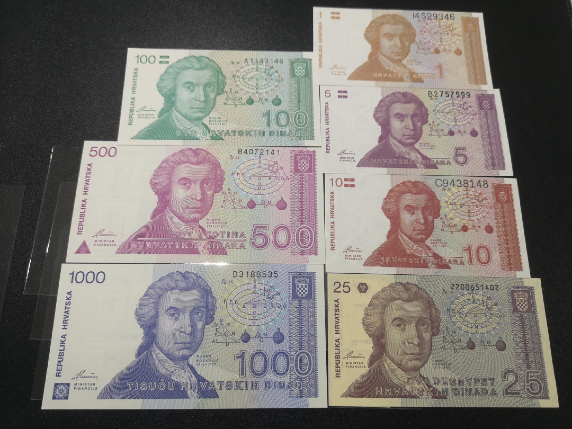 《外钞收藏家》第二百一十一期（欧洲四国精品专场） 克罗地亚1991年1-1000纳尔 1991年全套第纳尔 全新 500有点潮