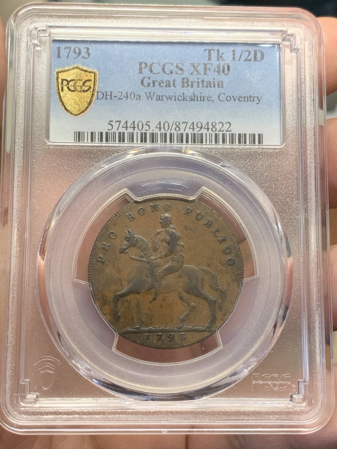 《竞宝斋》第109场-周日，周一 ，周四3场连拍（全场包邮） PCGS-XF40 1793年 英国 考文垂 戈黛娃夫人1/2便士Token，马背上的戈黛娃，英系代币经典。巧克力包浆，实物au级别