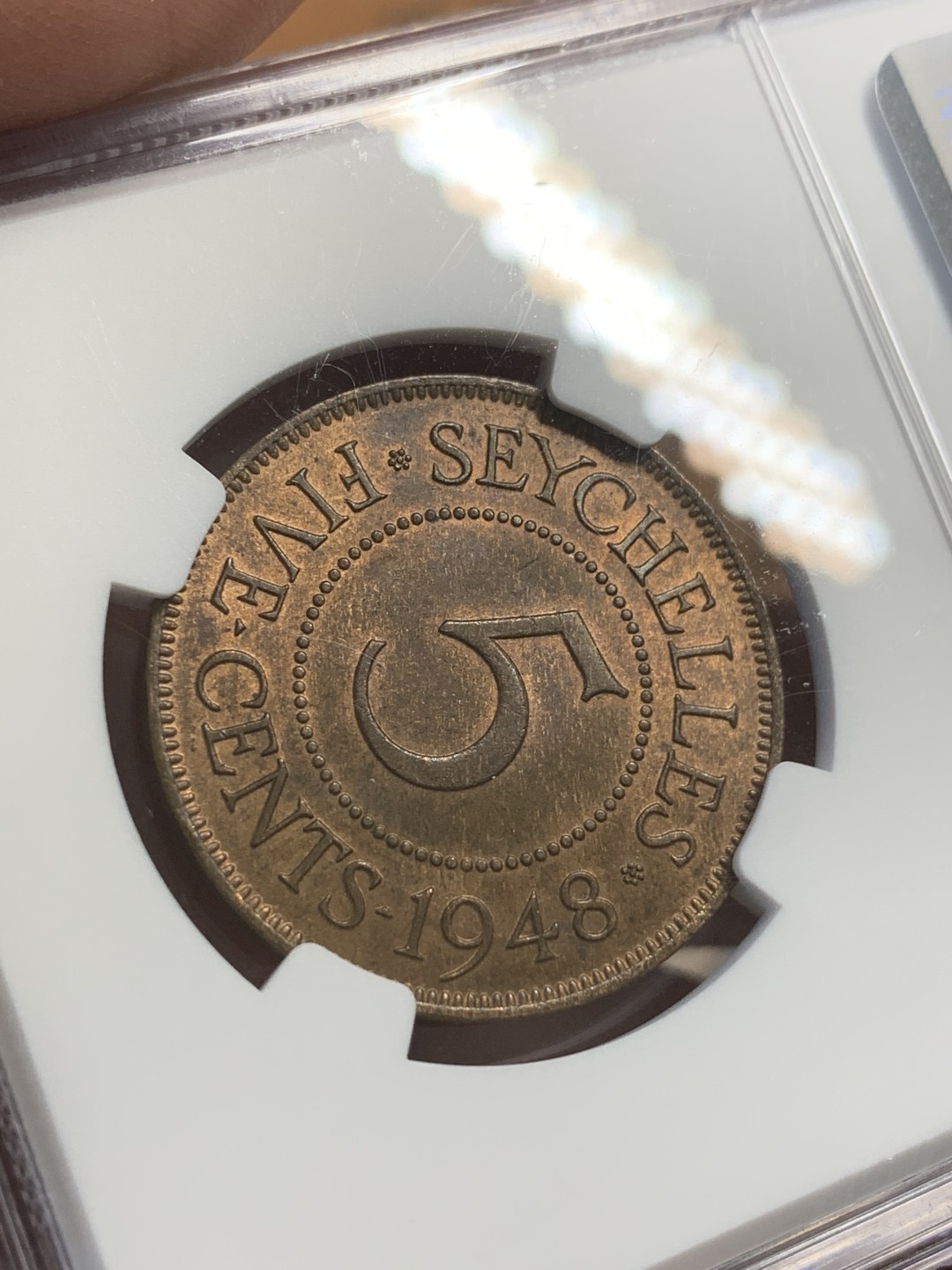 《竞宝斋》第109场-周日，周一 ，周四3场连拍（全场包邮） NGC MS64RB 1948 英属塞舌尔乔治六世5分 铜币 仅发行一年