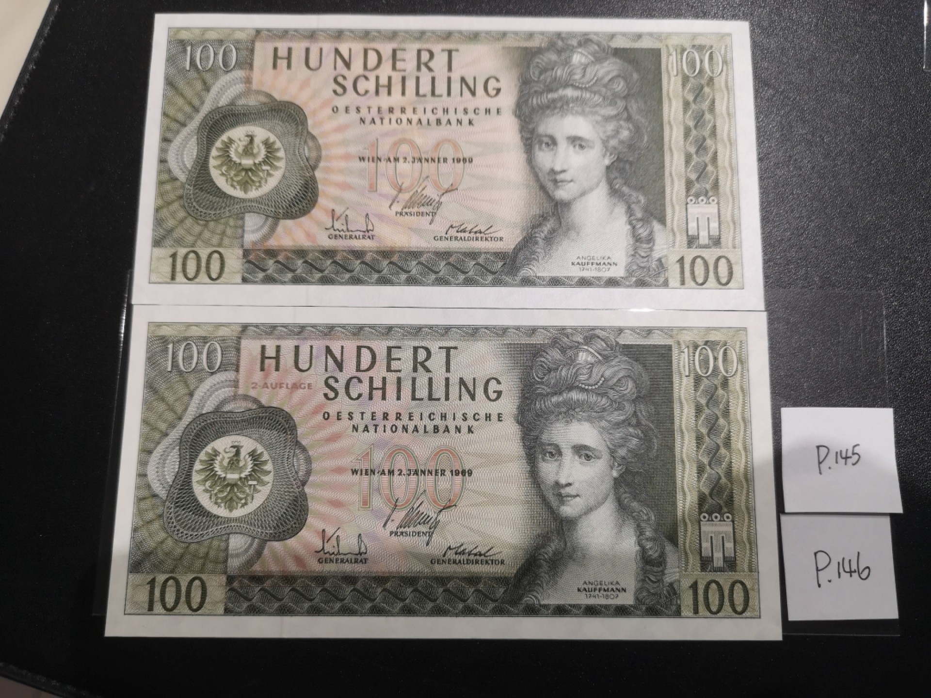 《外钞收藏家》第二百一十一期（欧洲四国精品专场） 奥地利1969年100 先令两张 女画家考夫曼一对，分别为第一版与第二版发行 全新UNC