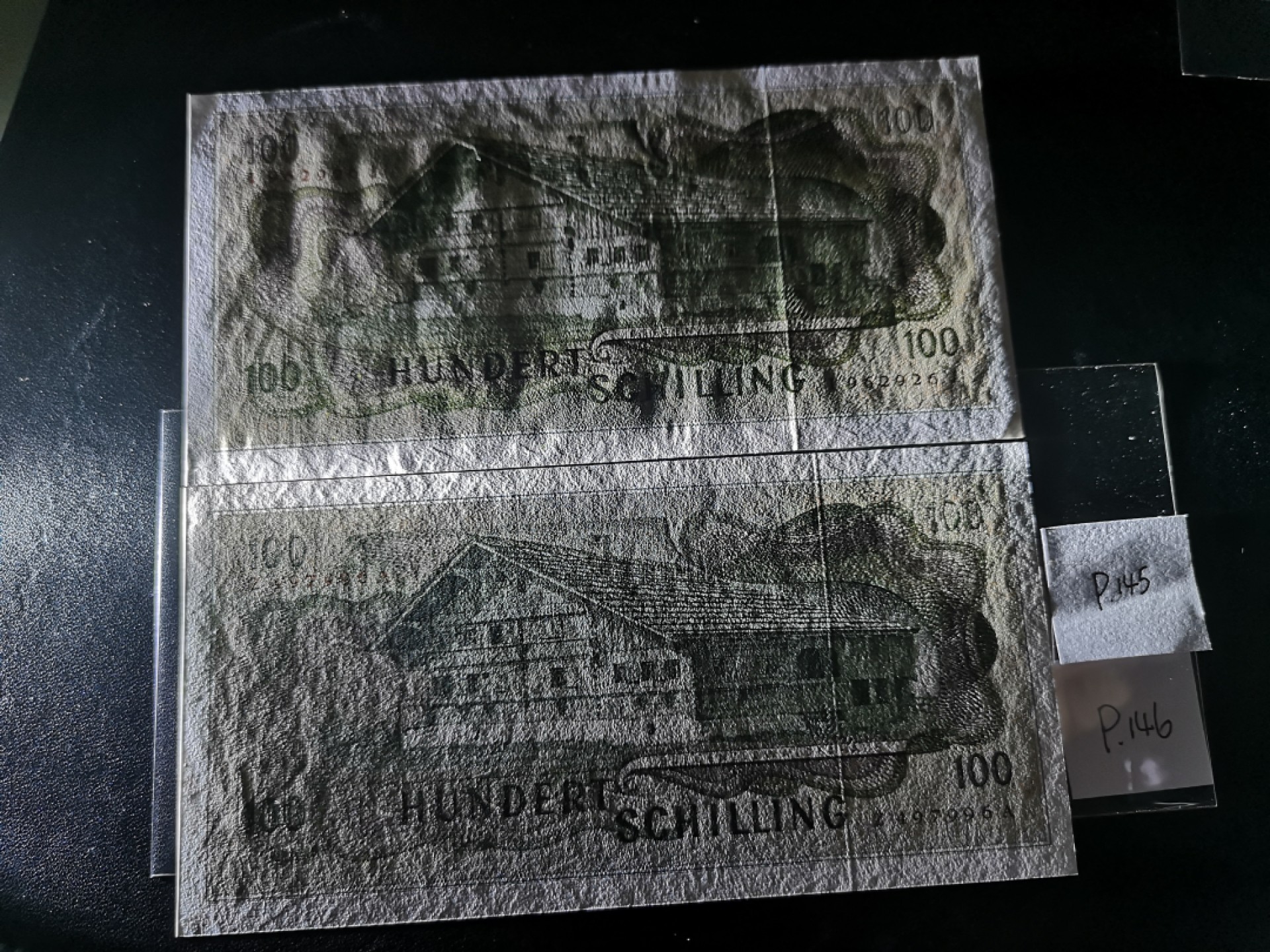 《外钞收藏家》第二百一十一期（欧洲四国精品专场） 奥地利1969年100 先令两张 女画家考夫曼一对，分别为第一版与第二版发行 全新UNC