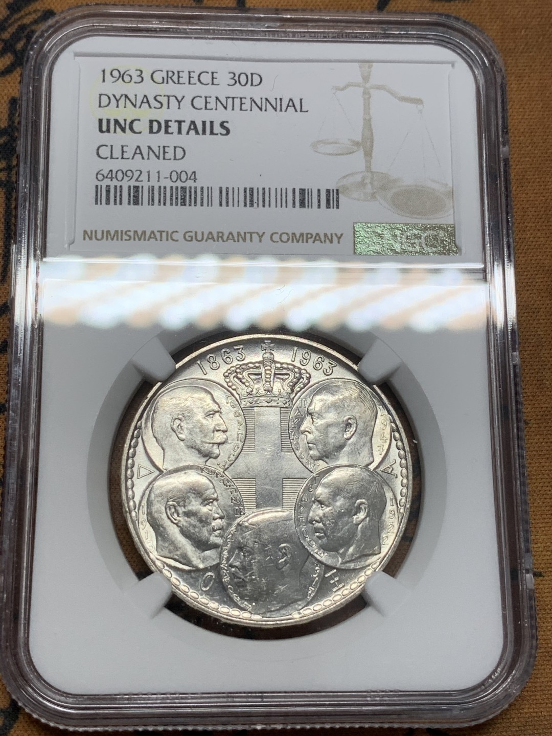 《竞宝斋》第109场-周日，周一 ，周四3场连拍（全场包邮） NGC-UNC  希腊 1963年 30德拉克马 百年王朝银币