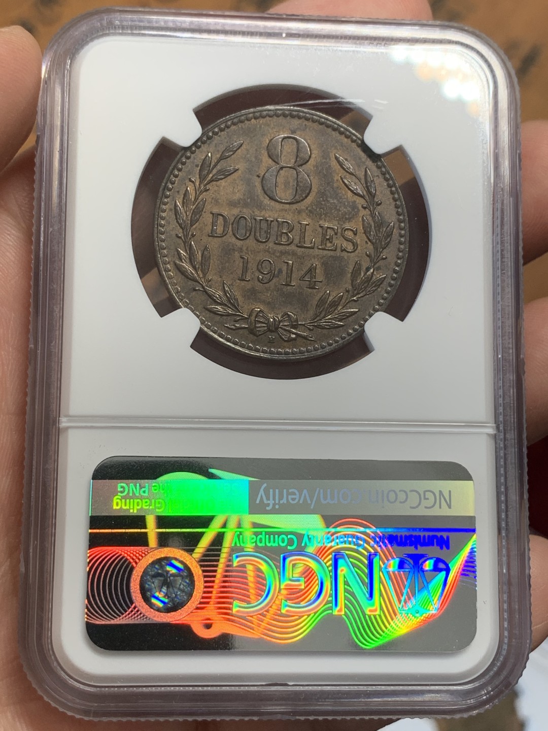 《竞宝斋》第109场-周日，周一 ，周四3场连拍（全场包邮） NGC MS62BN 1914 英属根西8道布铜币大铜币 该版首年 仅1枚更高分