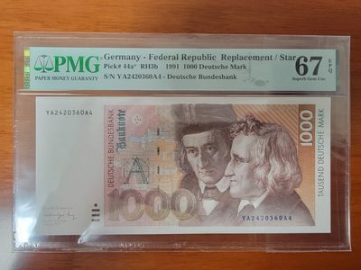 【Blue Auction】✨世界纸币精拍第241期（周末精品场） - 【YAA补号少见 仅1张更高分】德国 1991年1000马克 格林兄弟经典 PMG67EPQ 高分