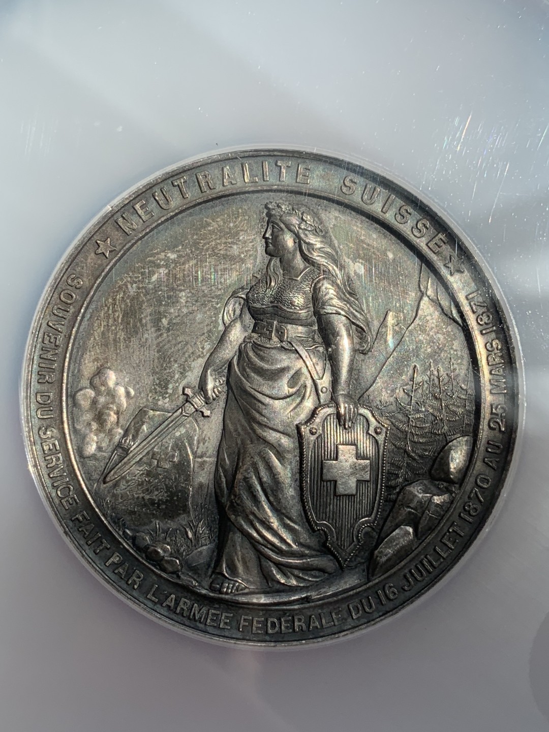 《竞宝斋》第109场-周日，周一 ，周四3场连拍（全场包邮） NGC-MS62 瑞士1871年汉斯射击纪念章 铜镀银 女神造型气势非凡值得收藏 大盒封装