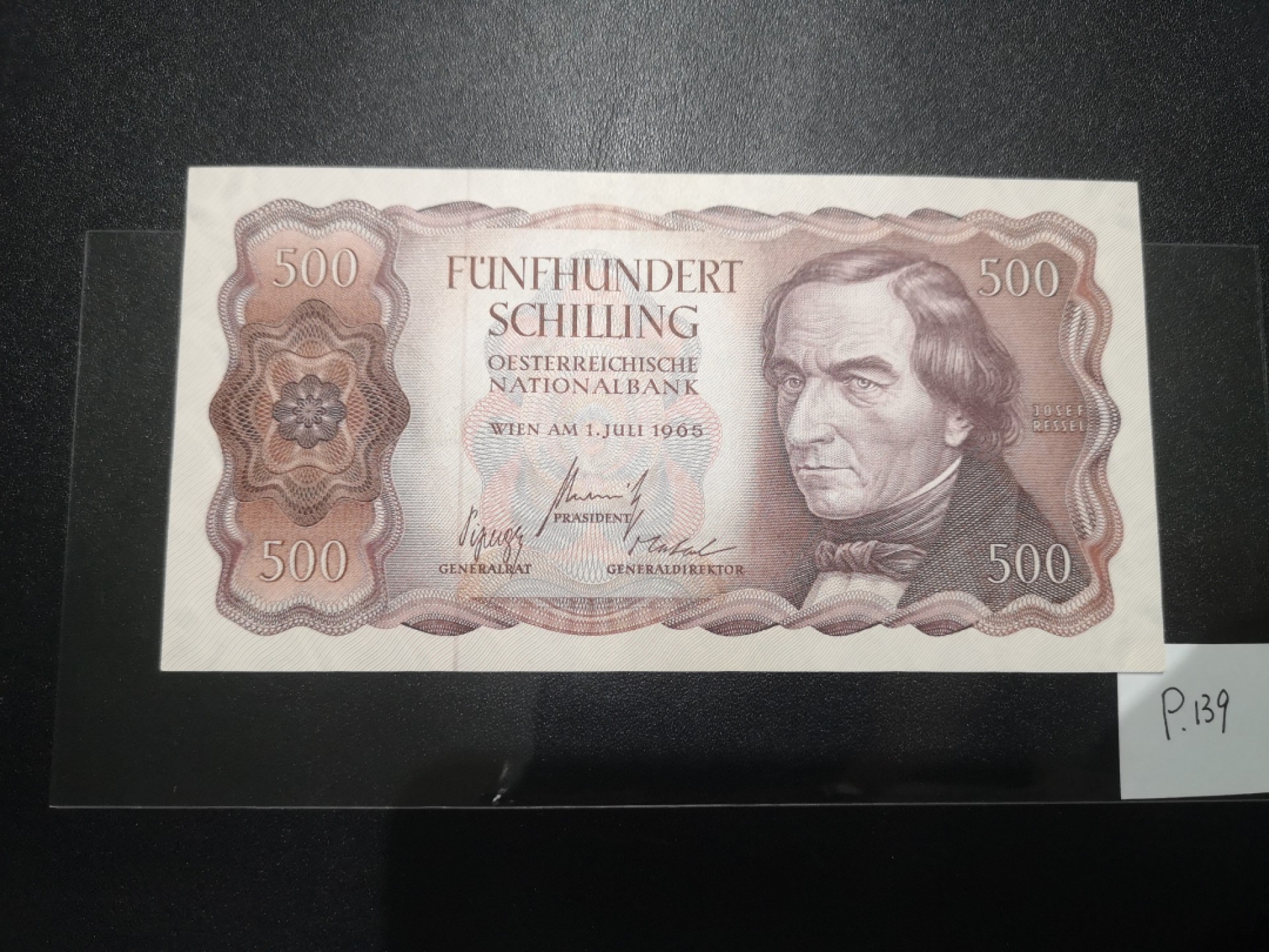 《外钞收藏家》第二百一十一期（欧洲四国精品专场） 奥地利1965年500 先令	P-139	螺旋桨的发明者——雷塞尔 全新UNC