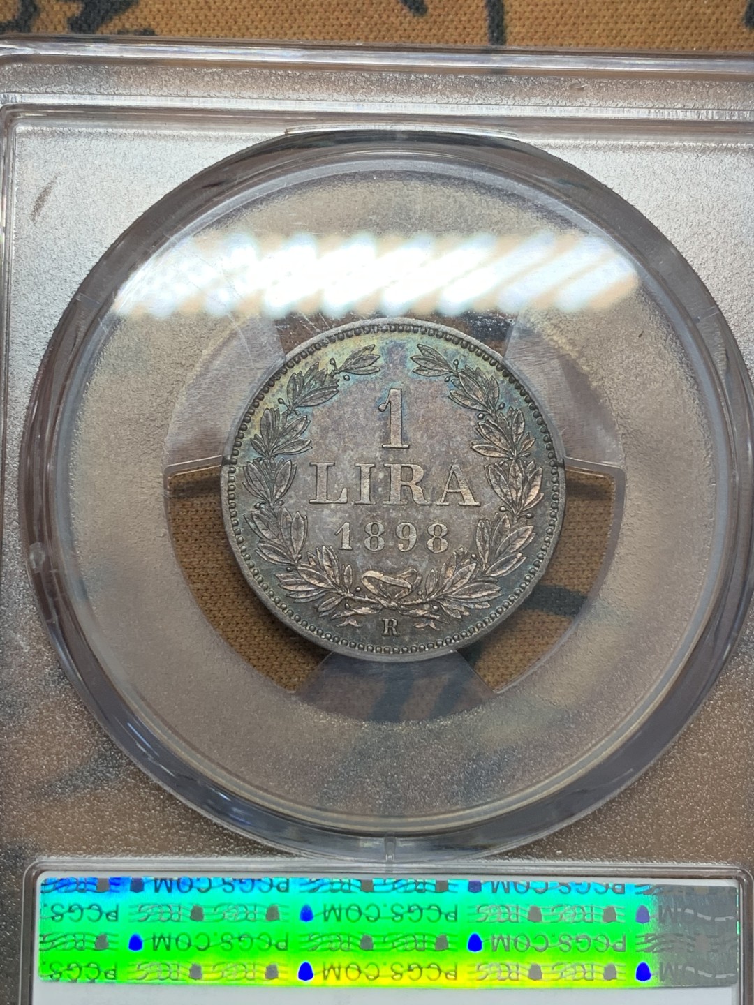 《竞宝斋》第109场-周日，周一 ，周四3场连拍（全场包邮） PCGS MS63 圣马力诺1898年城堡1里拉银币双面五彩光