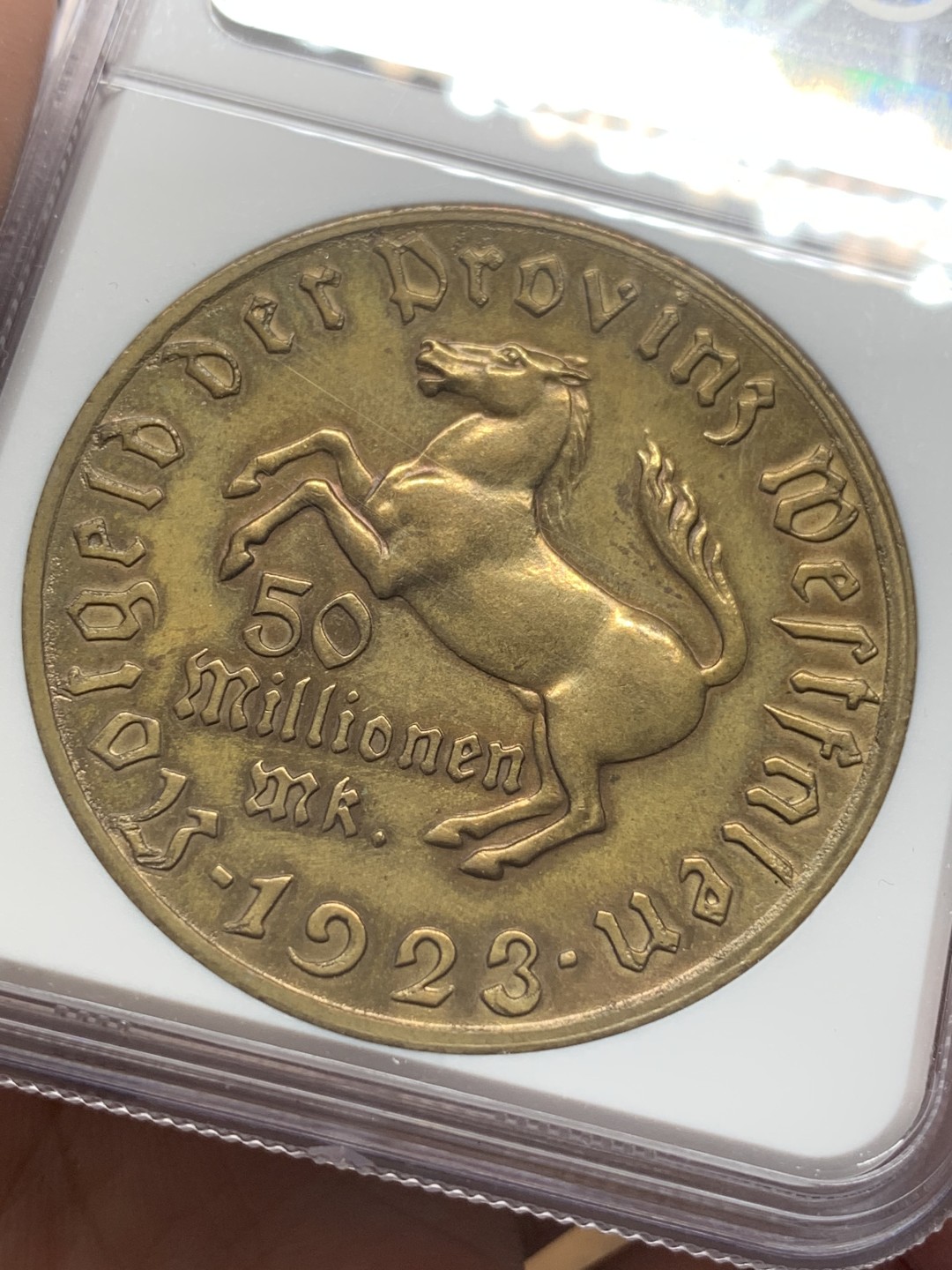 《竞宝斋》第109场-周日，周一 ，周四3场连拍（全场包邮） NGC MS61BN 1923年德紧马币5千万马克铜币