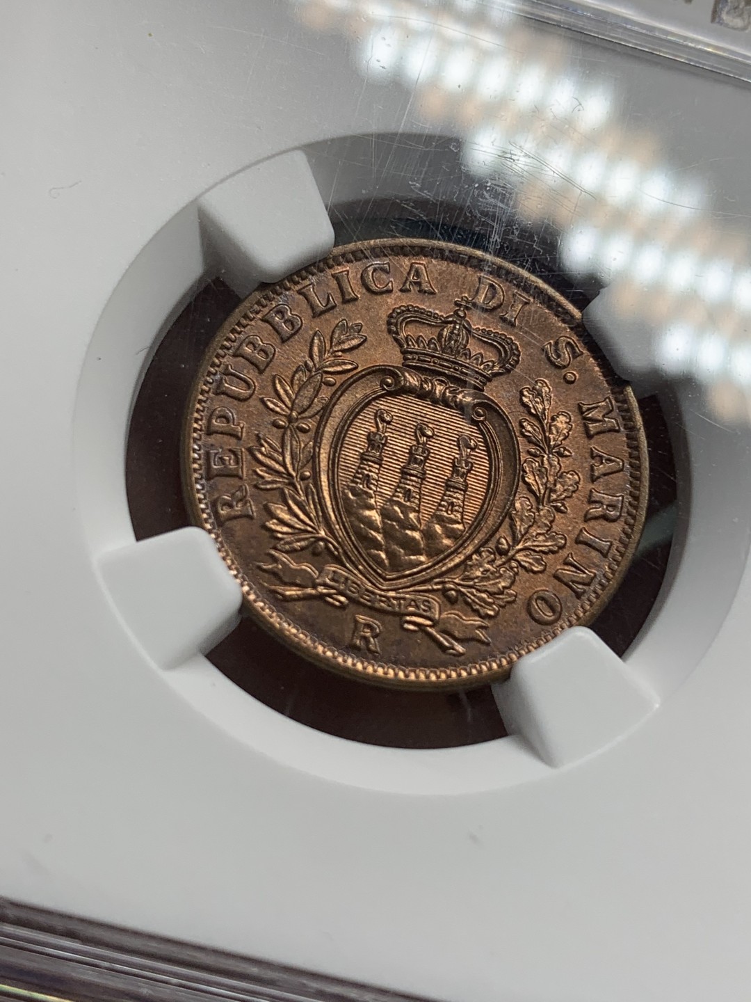 《竞宝斋》第109场-周日，周一 ，周四3场连拍（全场包邮） NGC MS64RB 1936 圣马力诺铜币 该版发行最少的年份