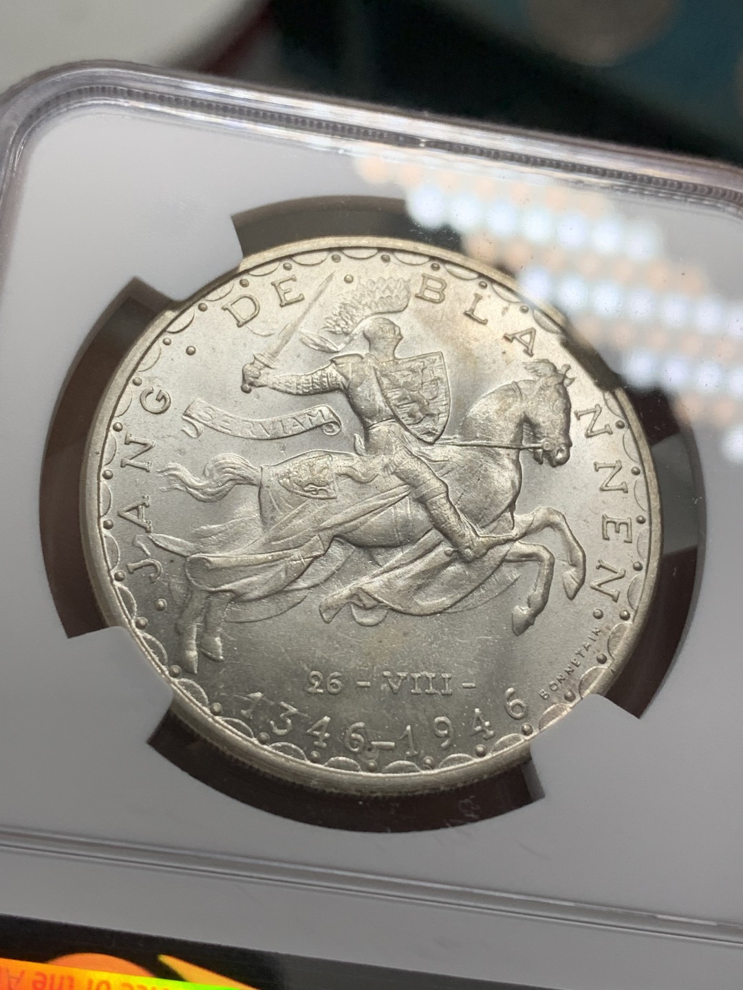 《竞宝斋》第109场-周日，周一 ，周四3场连拍（全场包邮） NGC-MS64 卢森堡 1946年 盲人约翰阵亡600周年纪念100法郎 银币