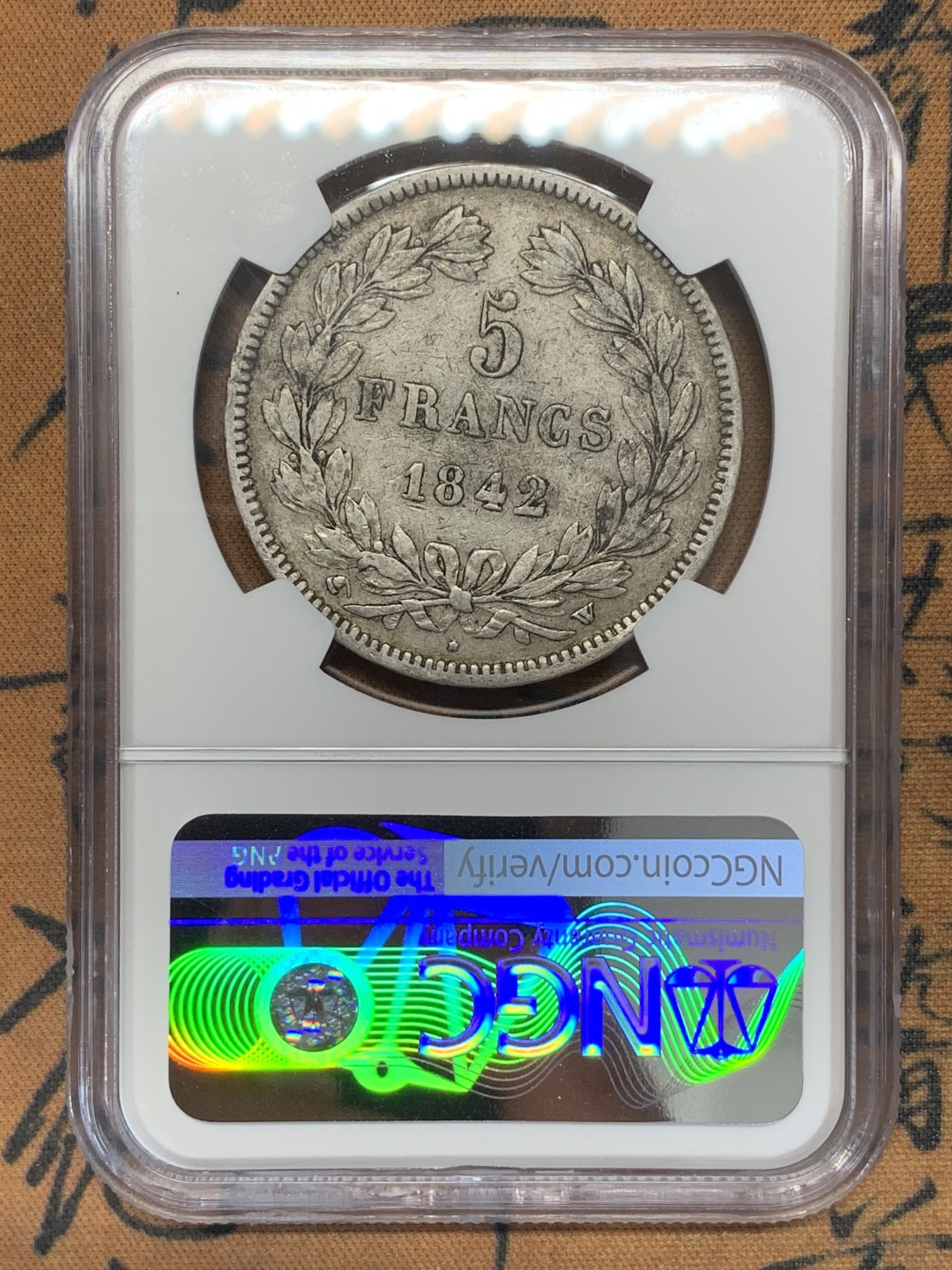 《竞宝斋》第109场-周日，周一 ，周四3场连拍（全场包邮） NGC-XF40 法国1842-W年 菲利普一世 5法郎大银币 原味老包浆