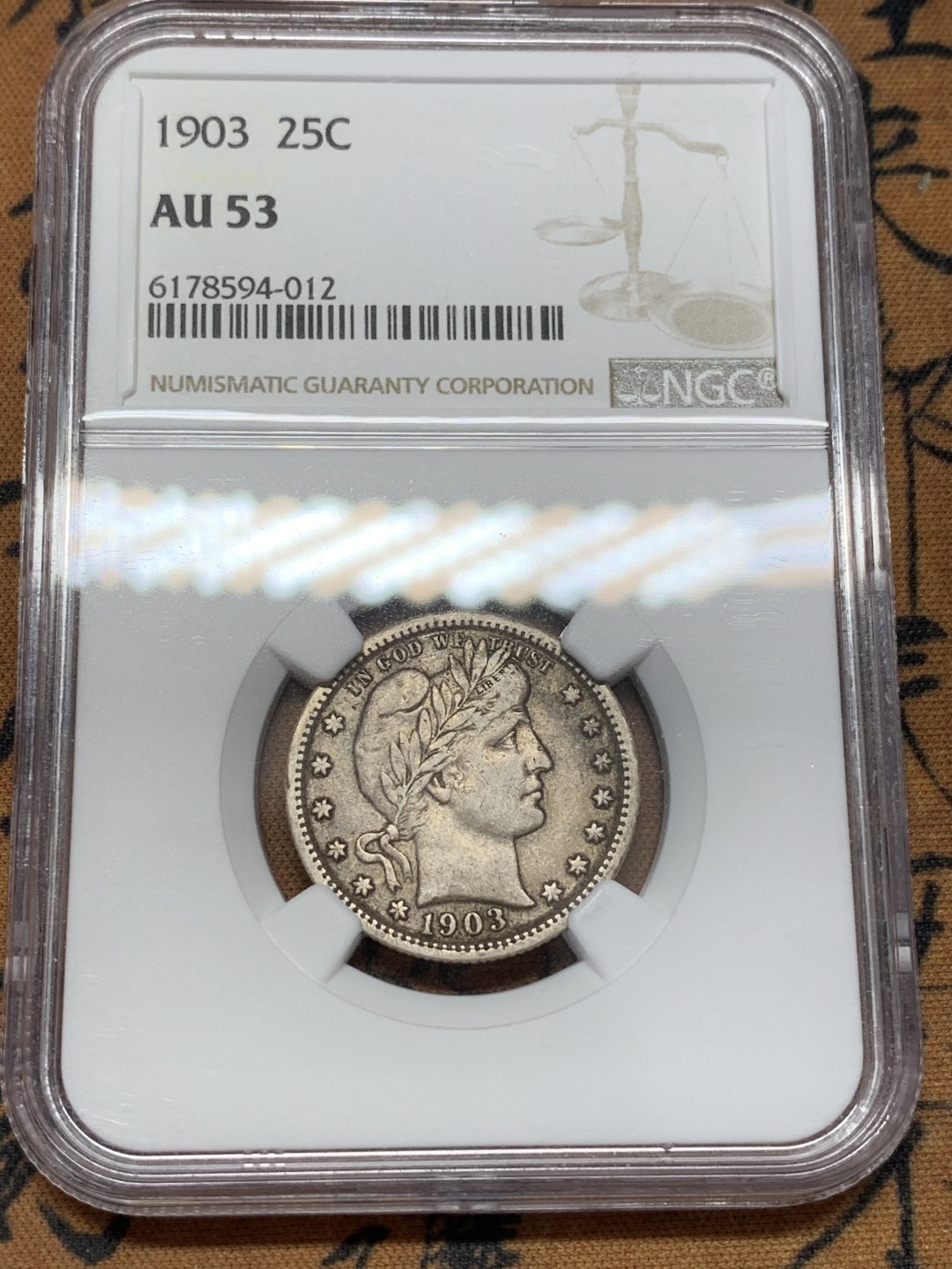 《竞宝斋》第109场-周日，周一 ，周四3场连拍（全场包邮） NGC-AU53 1903美国25美分巴伯 不错的一枚 人像面和鹰面细节好 快评给分保守